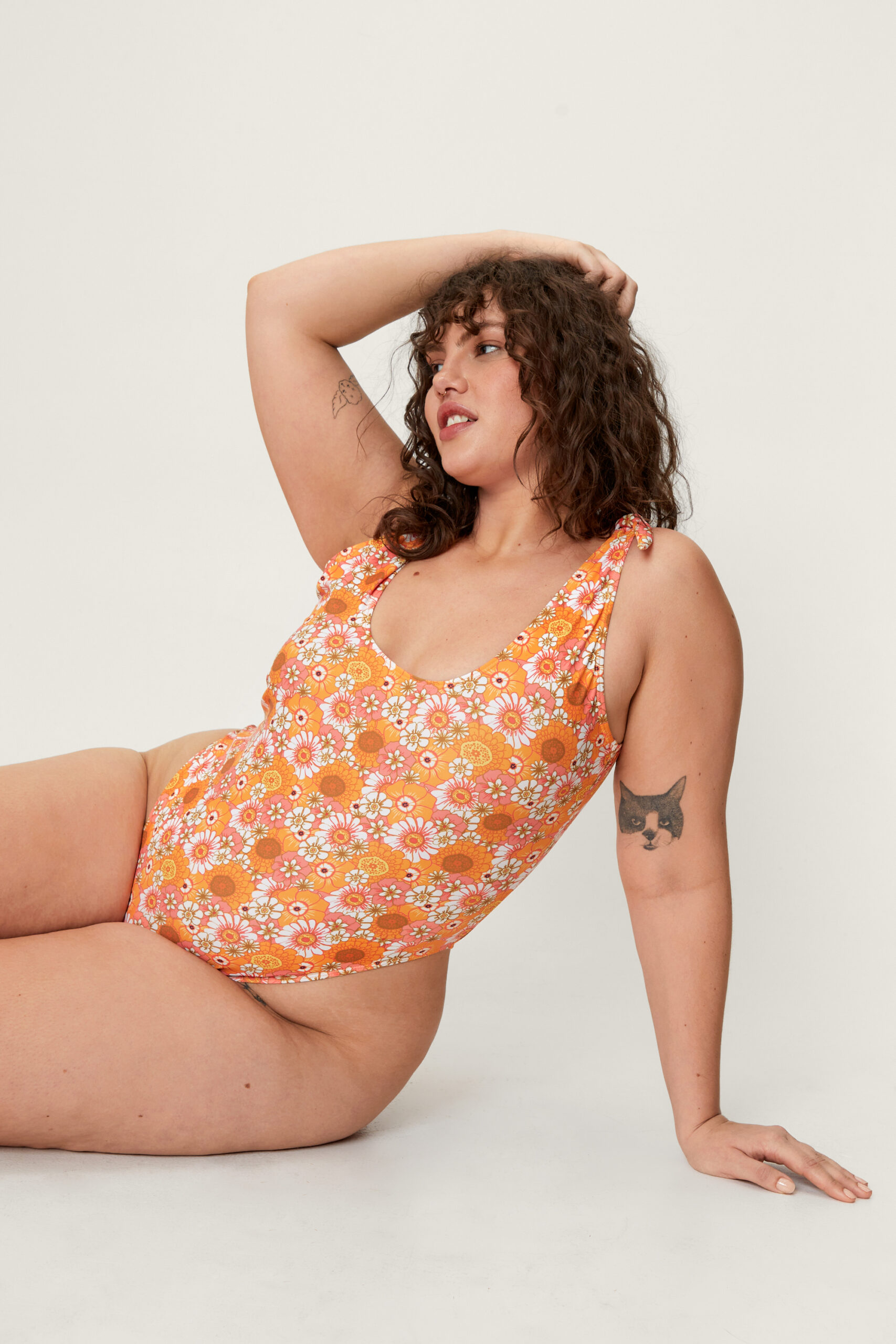 Plus Size Floral Tie Shoulder Swimsuit