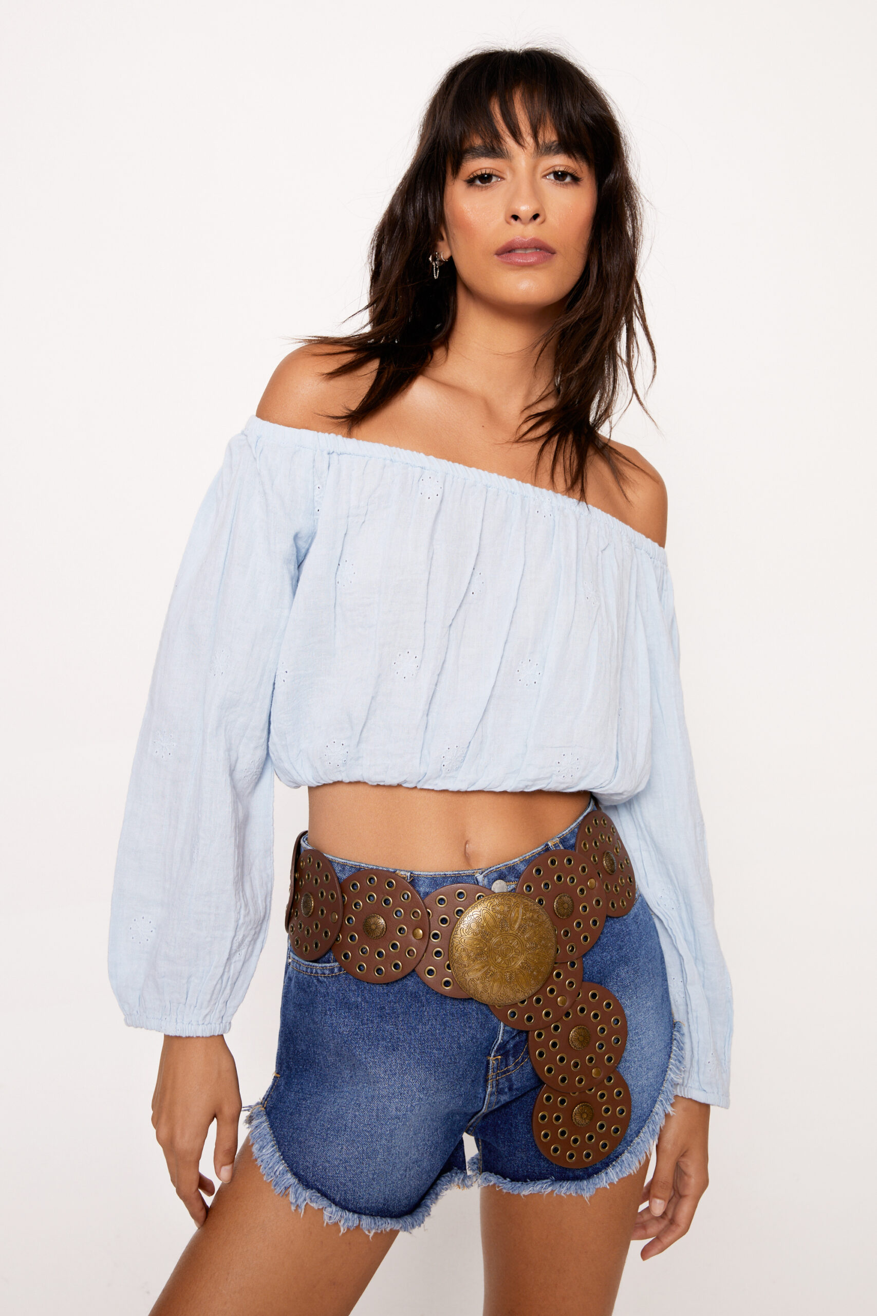 Bardot Puff Sleeve Crop Top