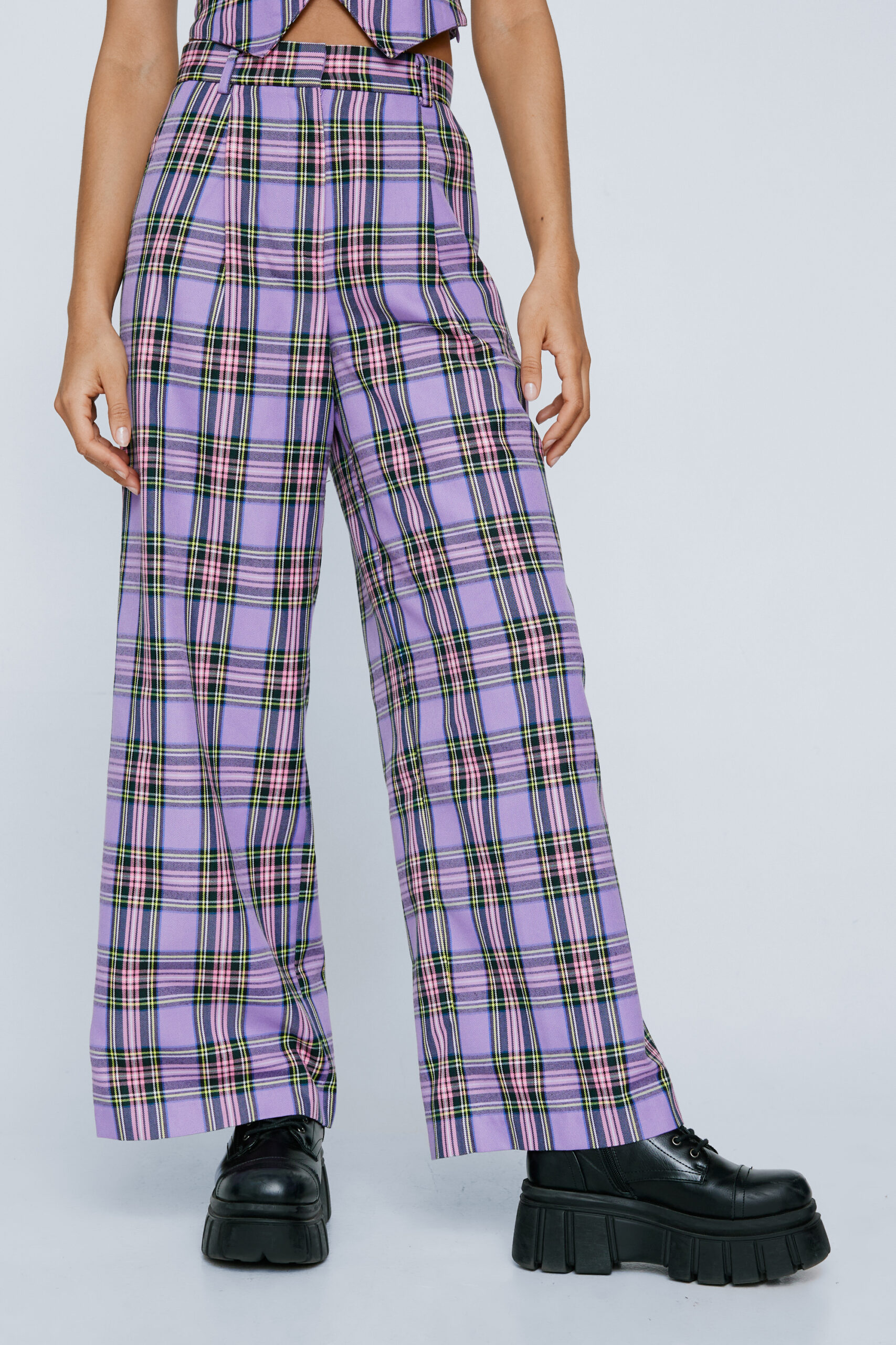 Premium Petite Lilac Plaid Wide Leg Pants