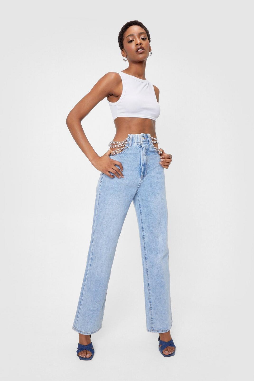 Chain Detail High Waisted Straight Leg Jeans