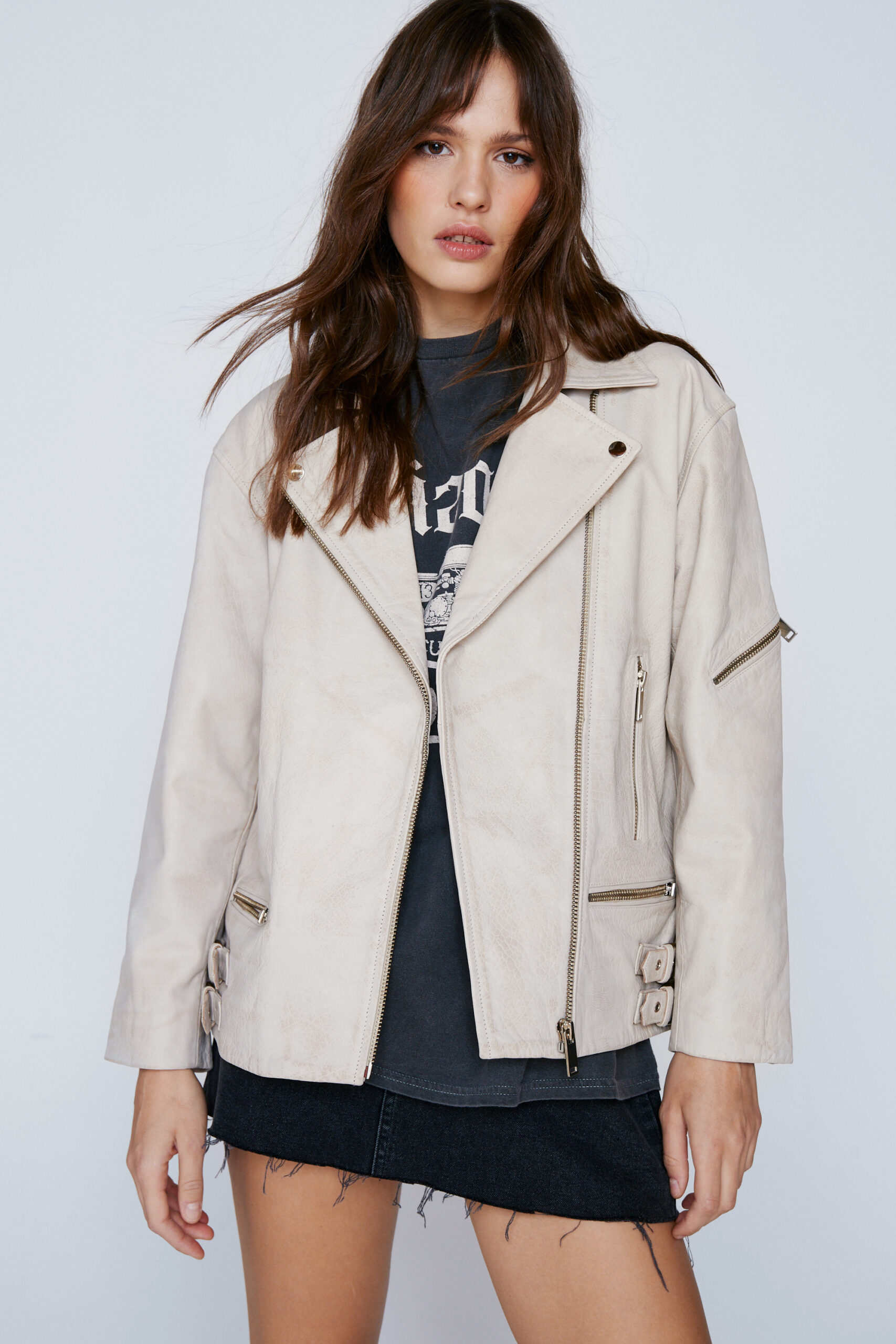 Real Leather Oversized Zip Detail Moto Jacket