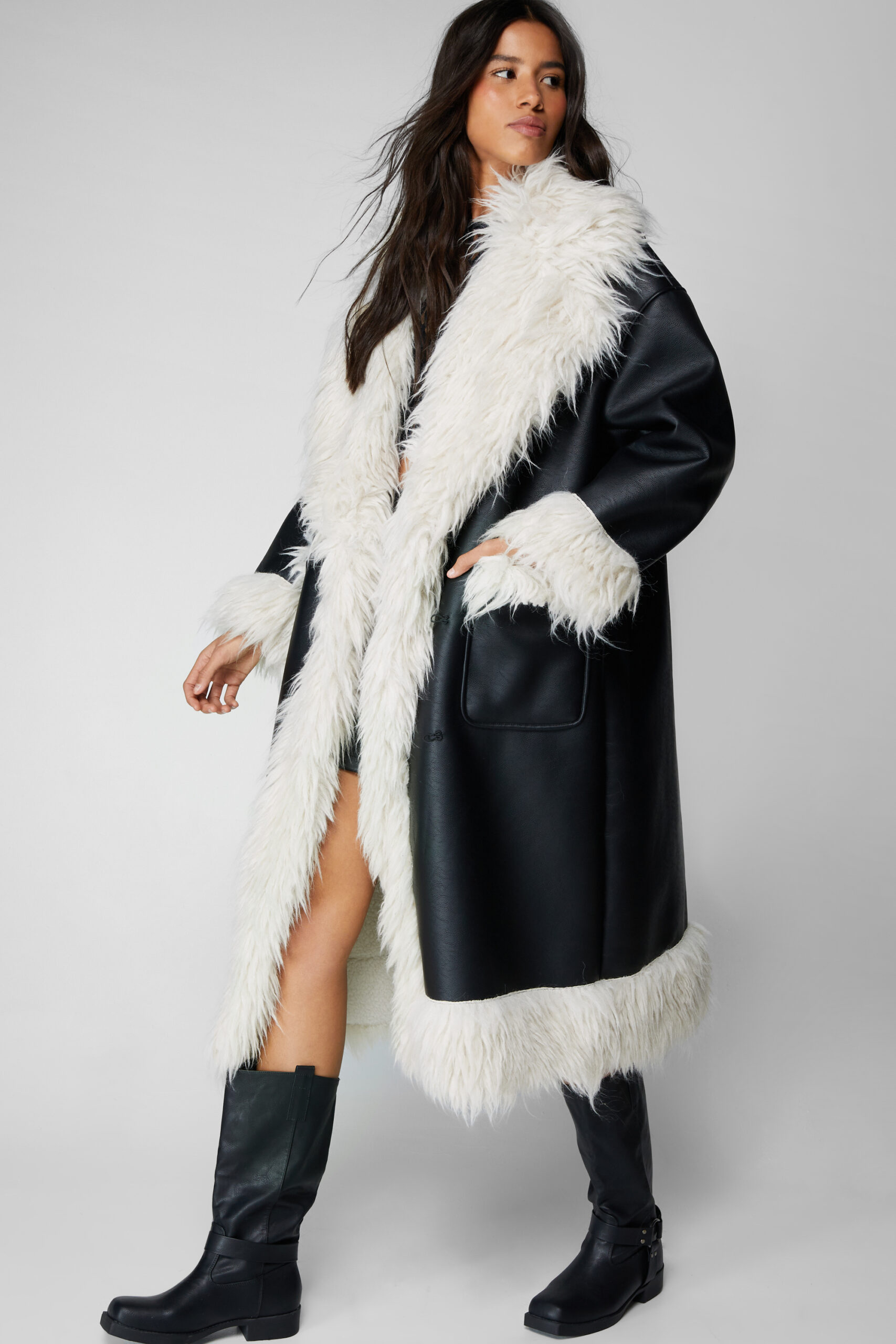 Faux Leather Shearling Fur Trim Longline Afghan Coat