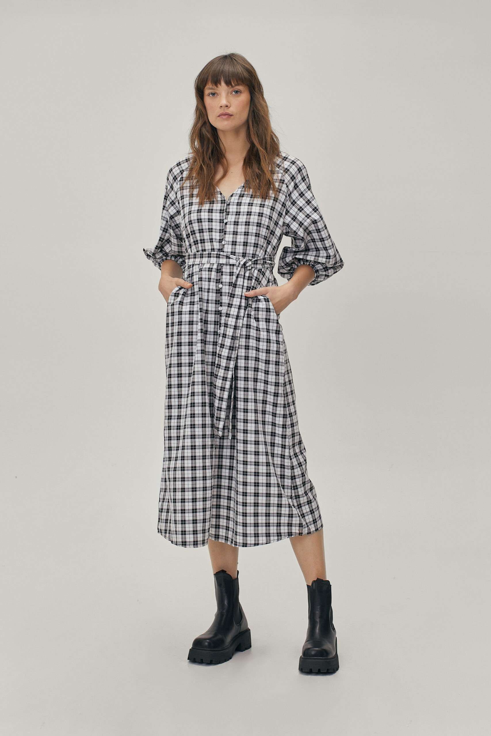 Check Print Puff Sleeve Belted Midi Dress 