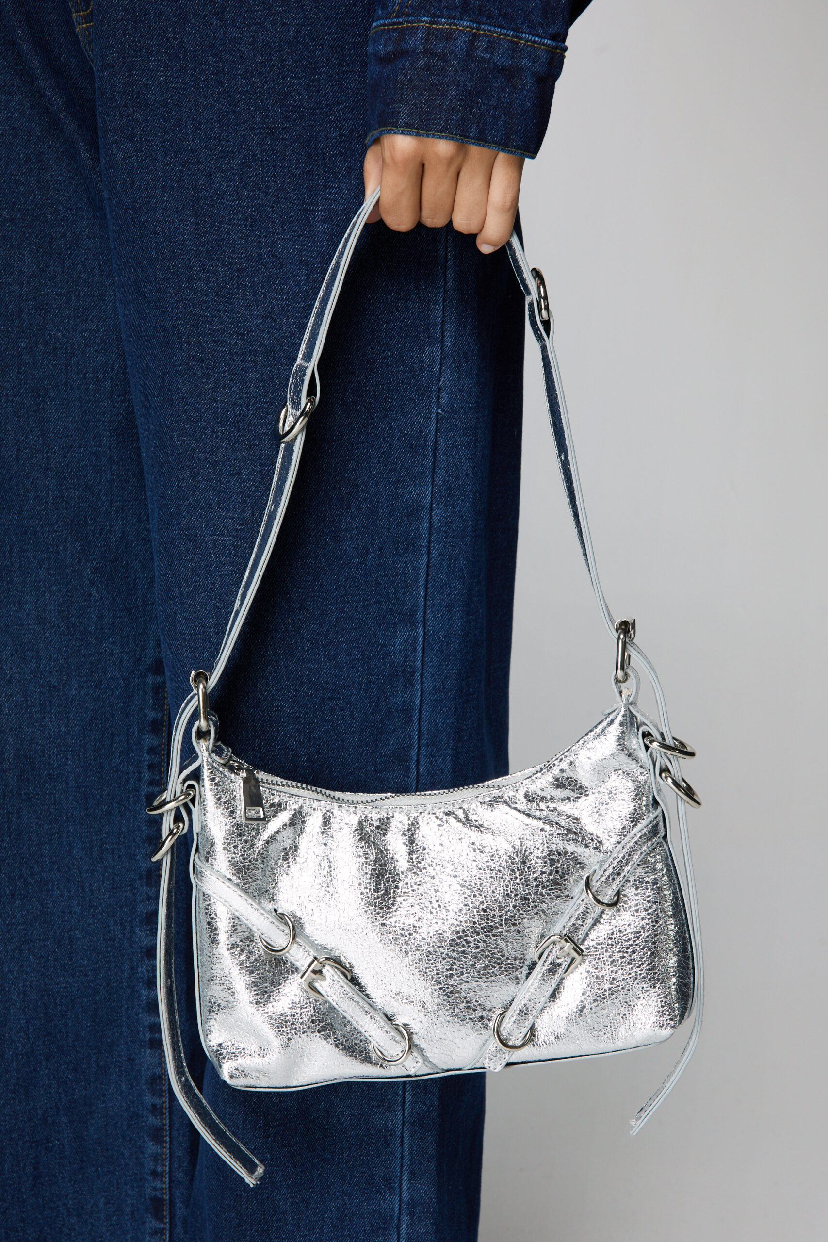 Faux Leather Crinkle Zip Shoulder Bag