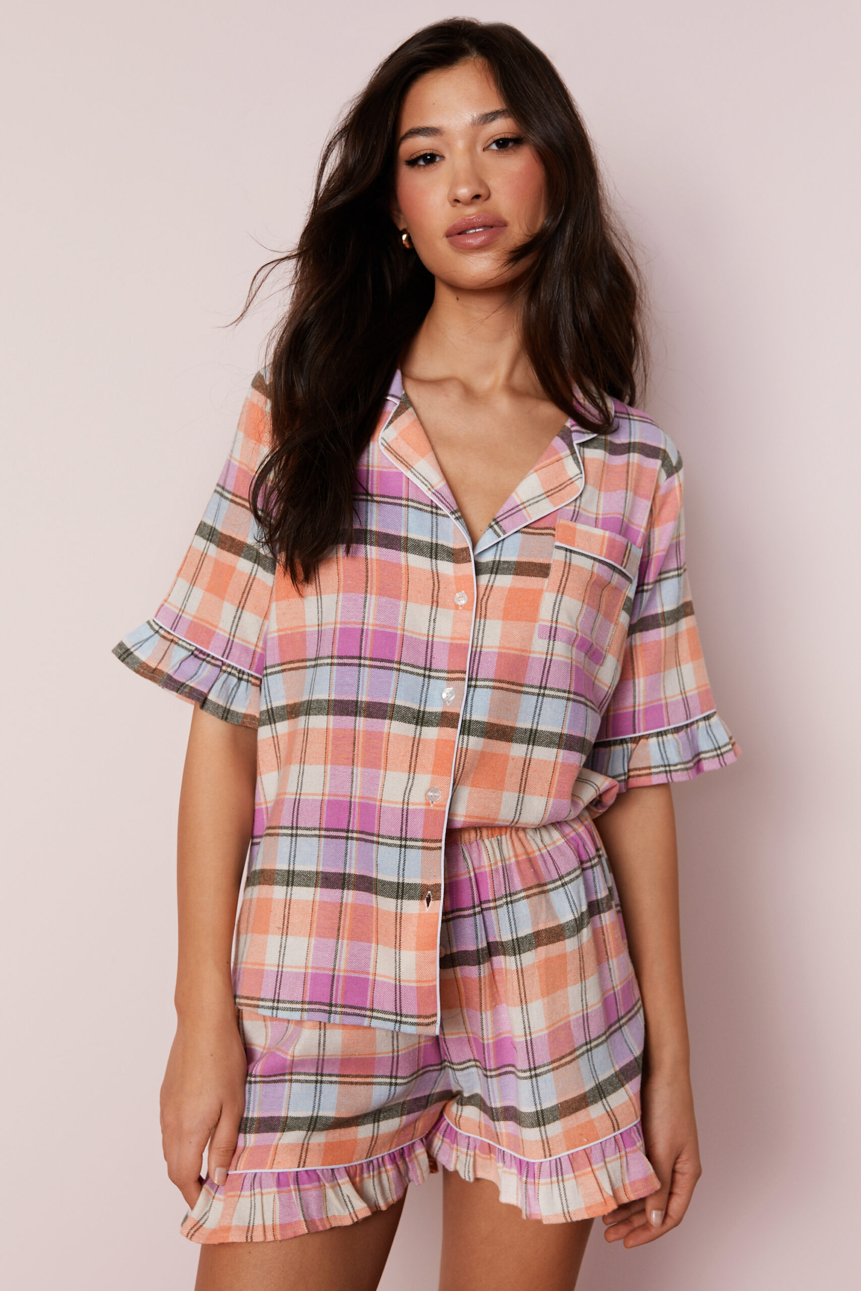 Cotton Yarn Dyed Check Ruffle Pajama Shorts Set