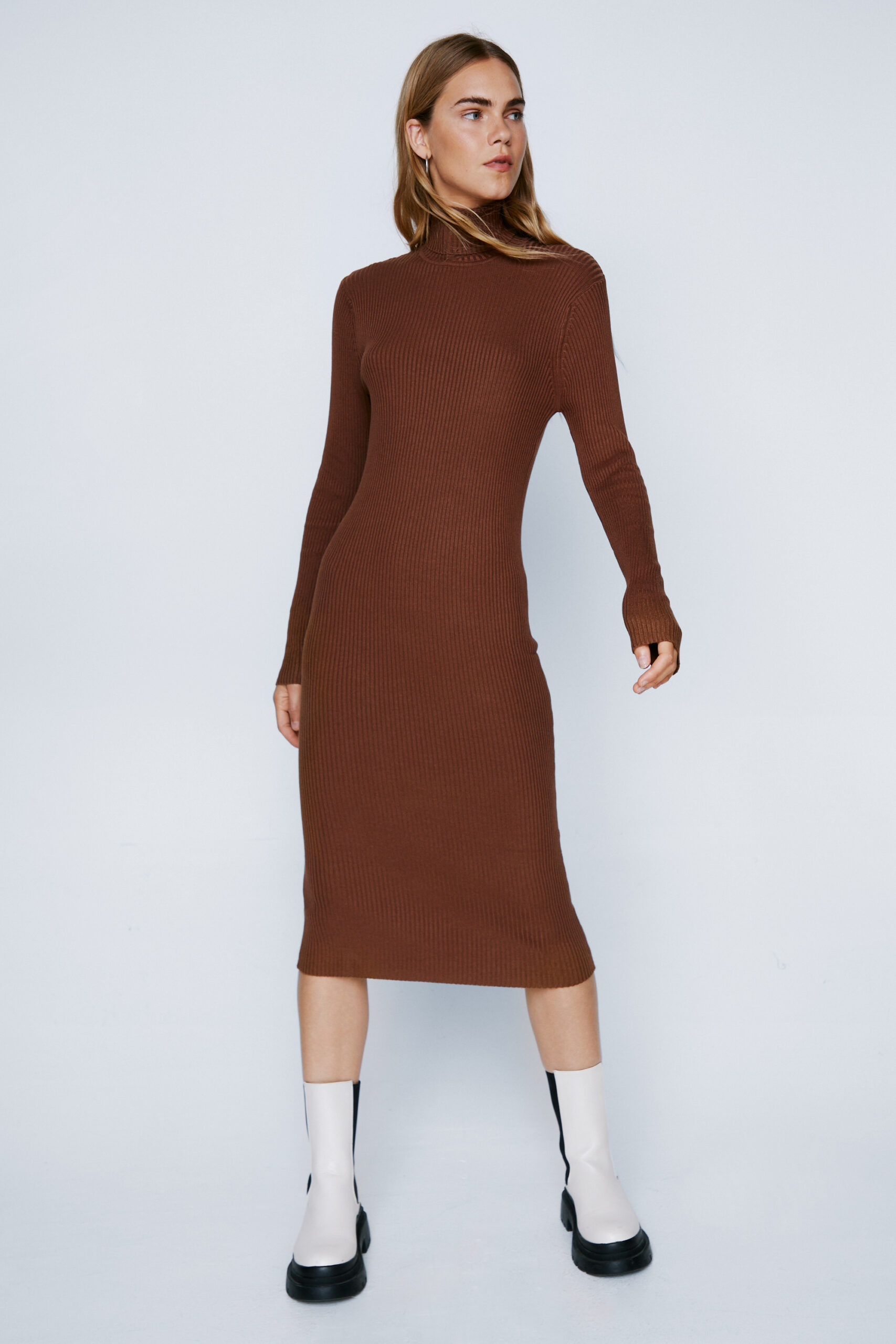 Knit Roll Neck Sweater Midi Dress 