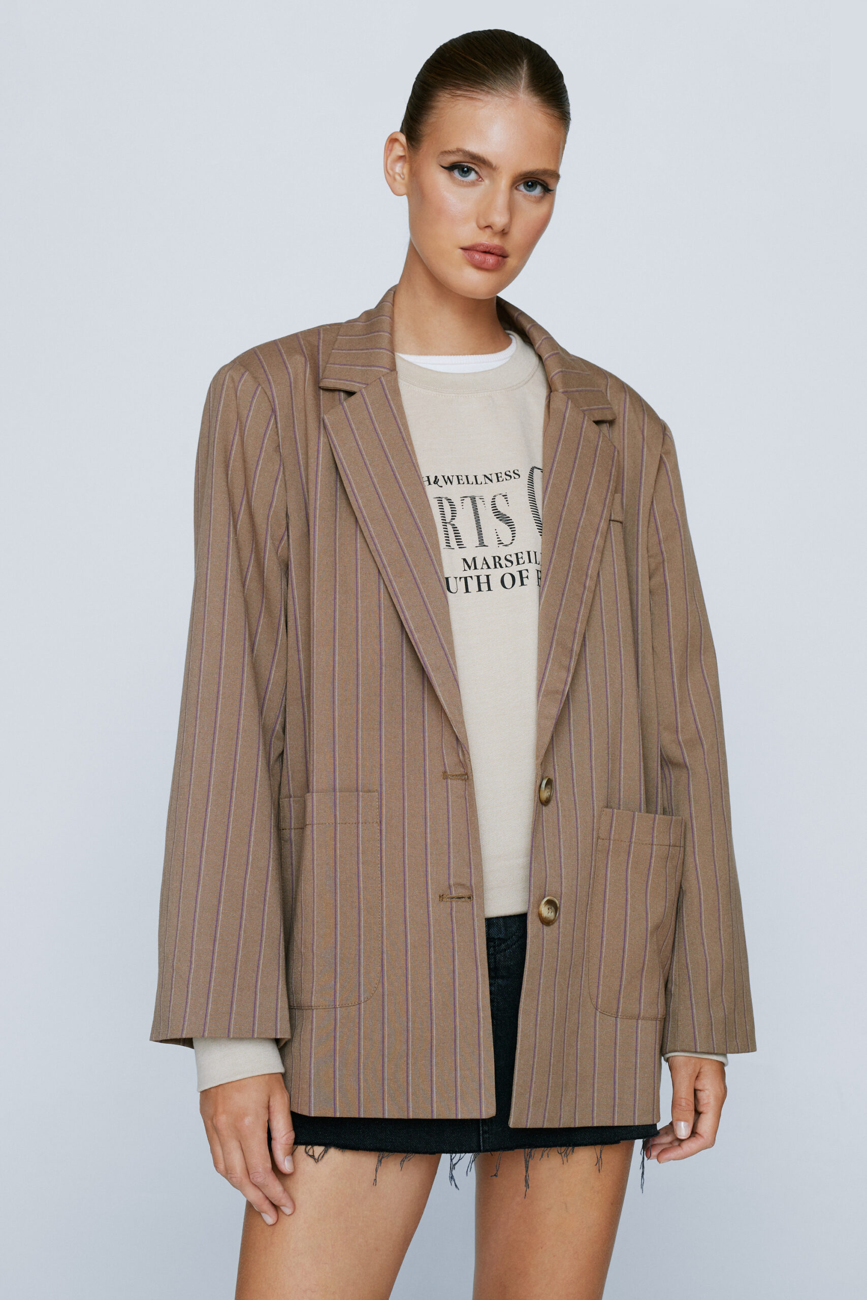 Striped Wool Look Oversized Blazer 