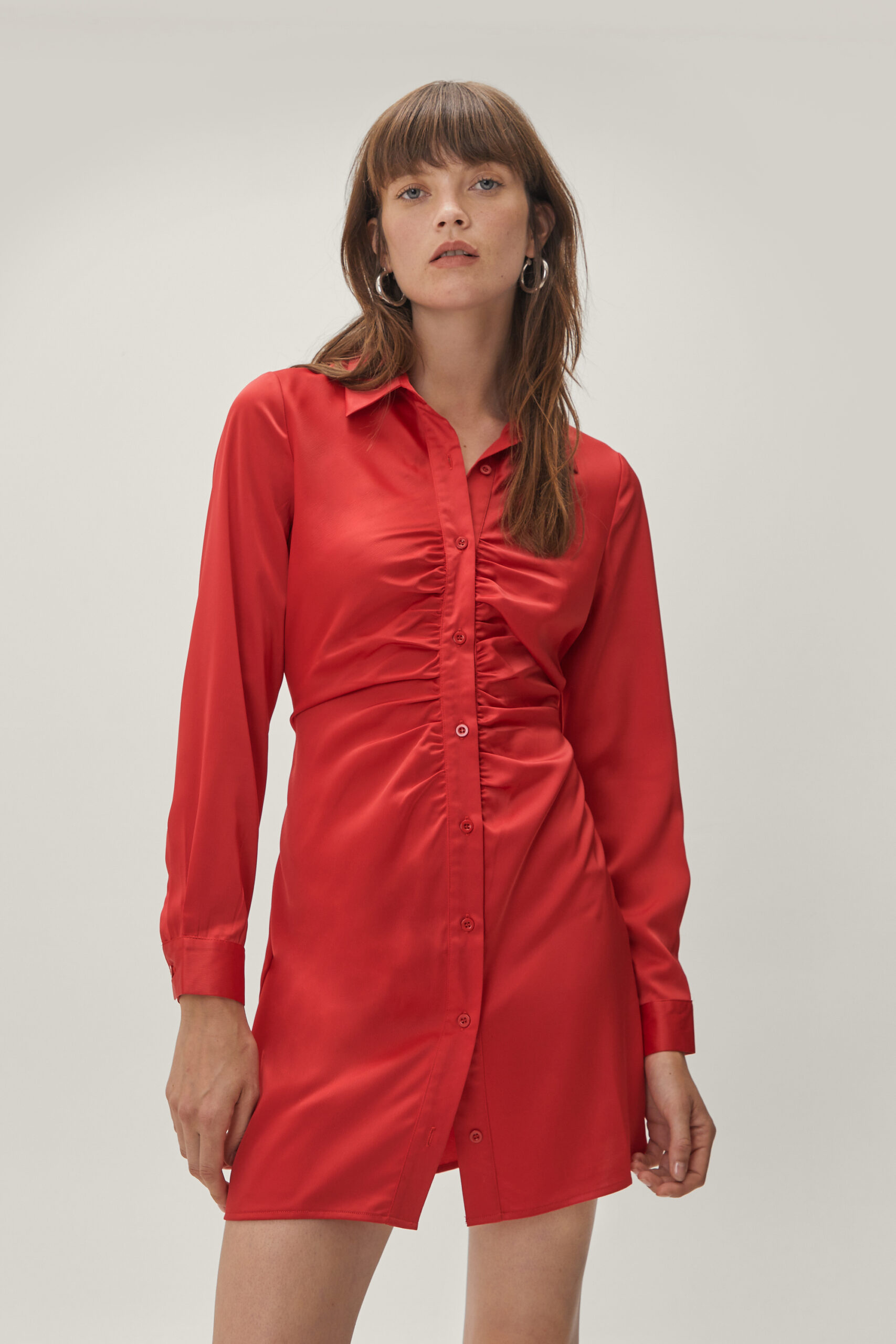 Satin Ruched Front Shirt Mini Dress 