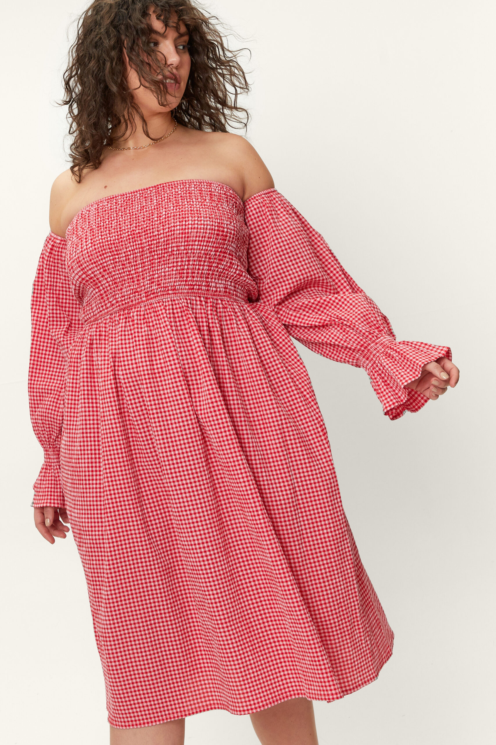 Plus Size Gingham Shirred Midi Dress 