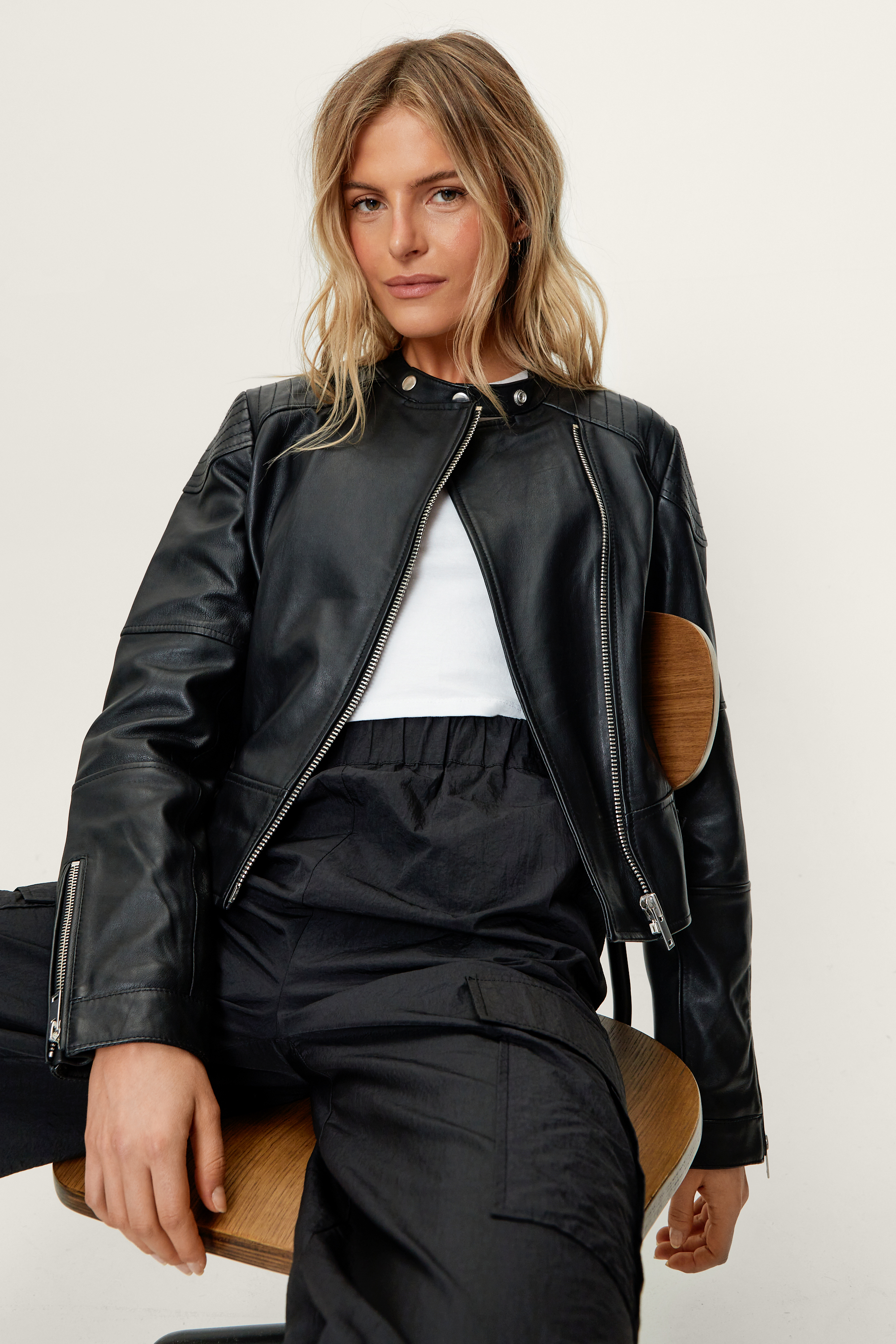 Real Leather Collarless Quilted Jacket 