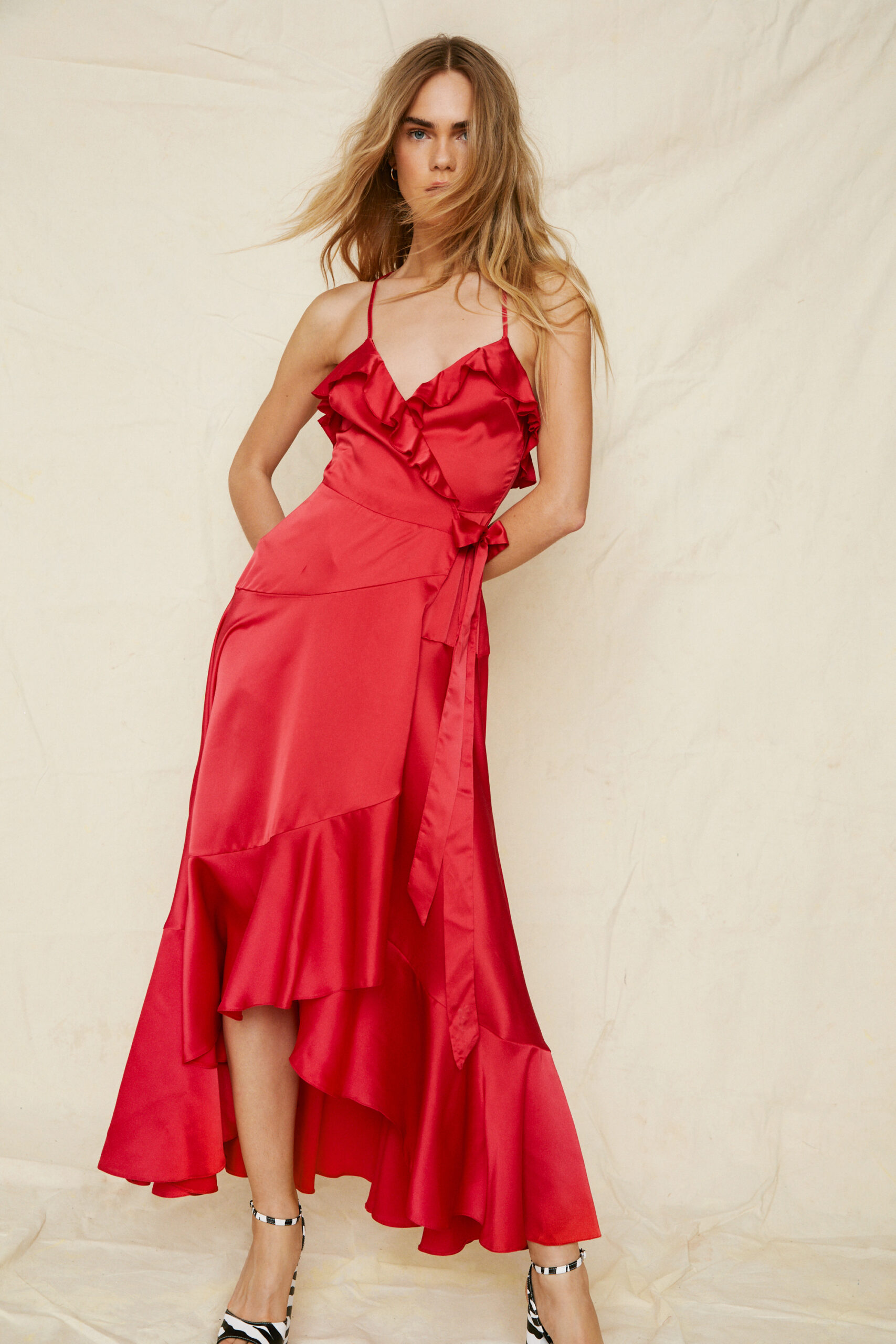 Satin Ruffle Wrap Maxi Dress 