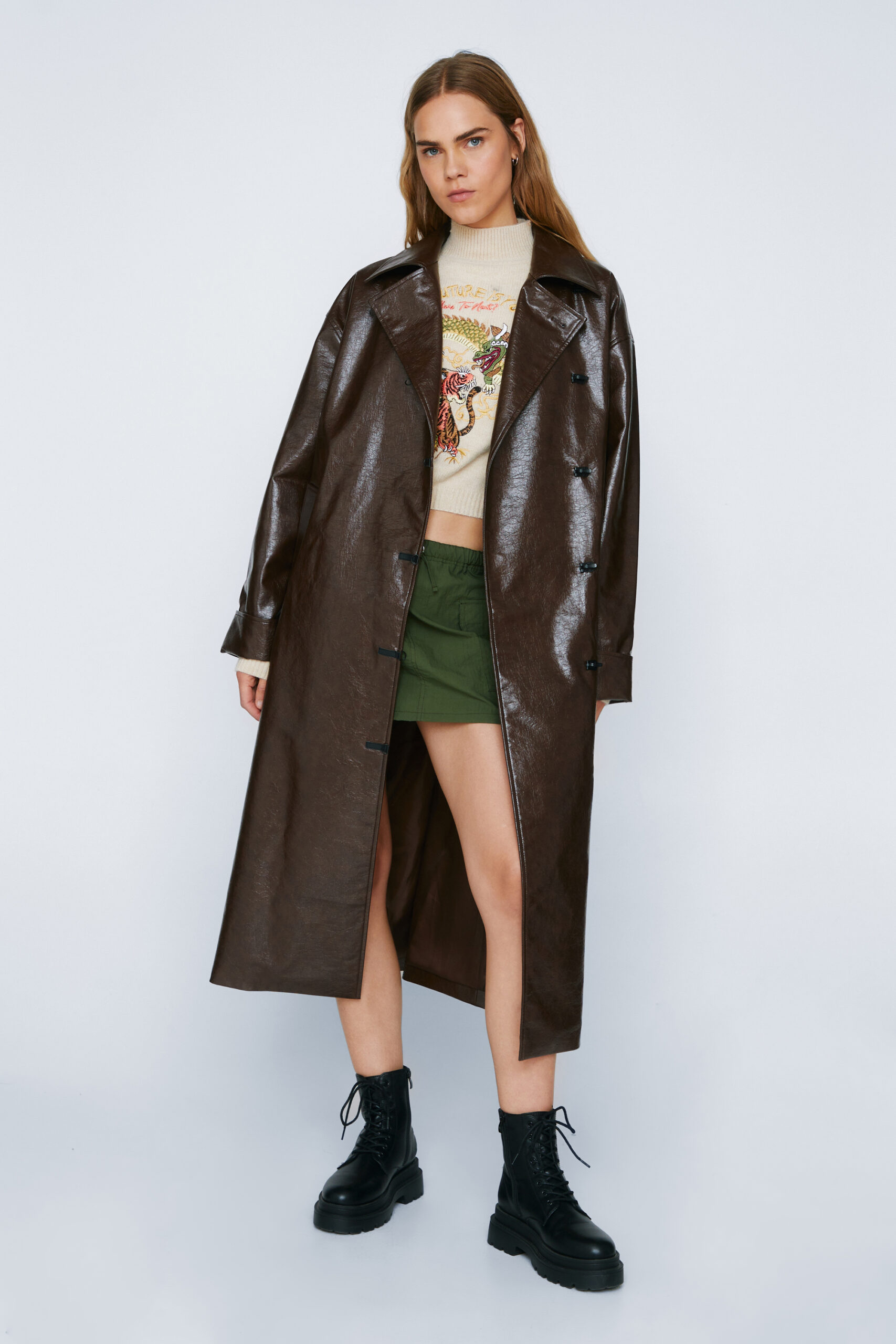 Premium Toggle Detail Faux Leather Vinyl Coat 