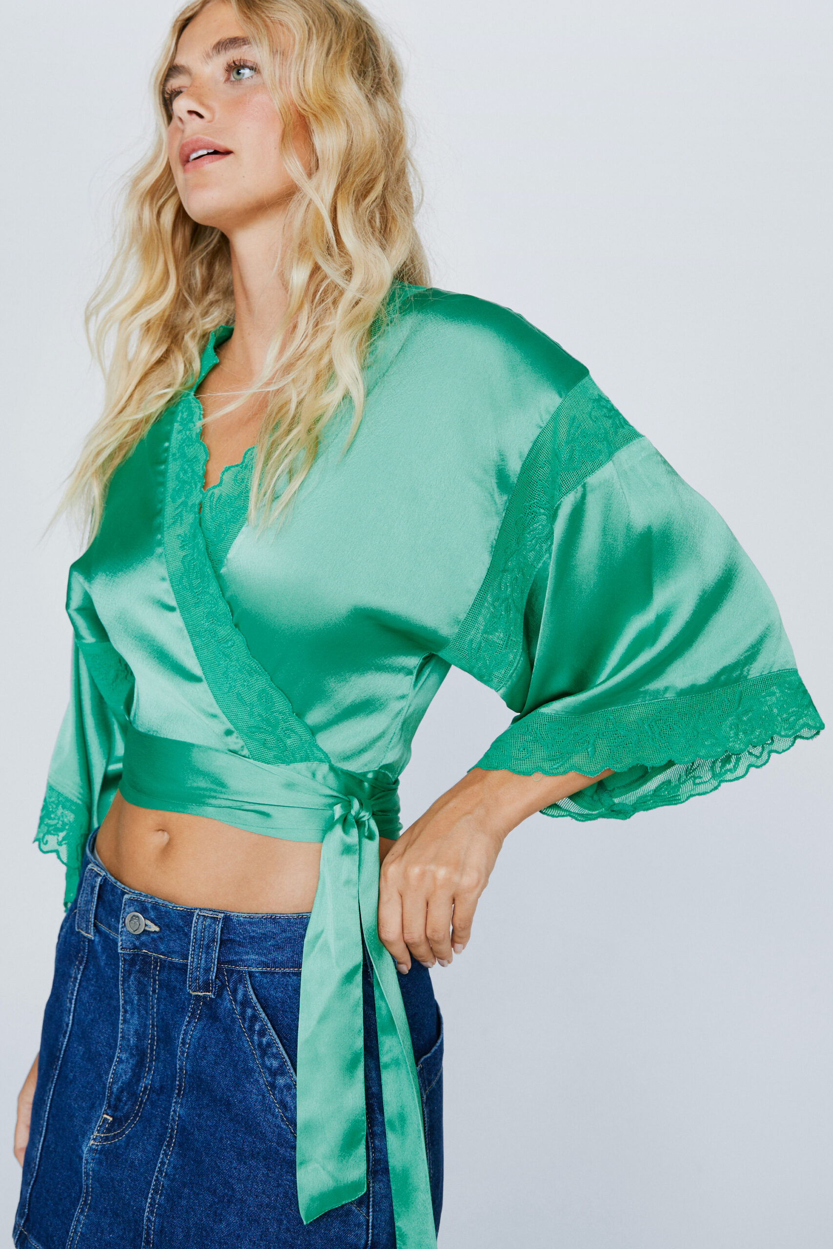 Satin Lace Trim Wrap Blouse