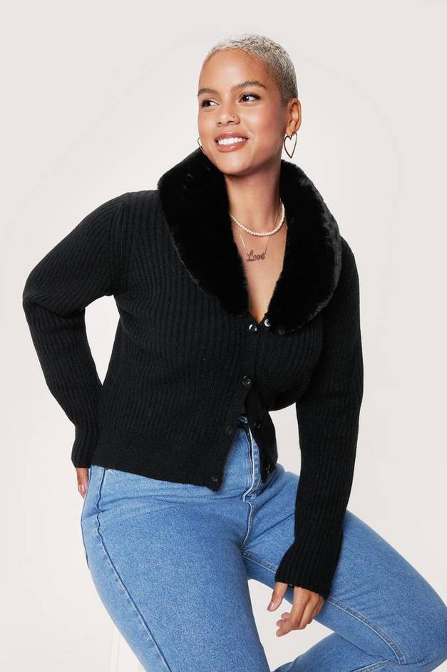 Plus Size Faux Fur Collar Cardigan