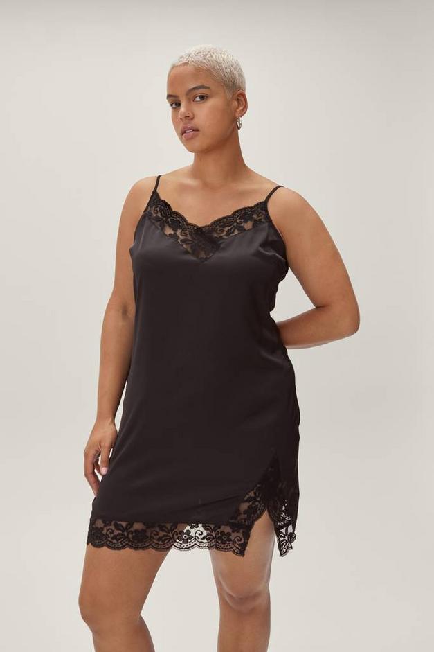 Plus Size Lace Trim Satin Slip Dress