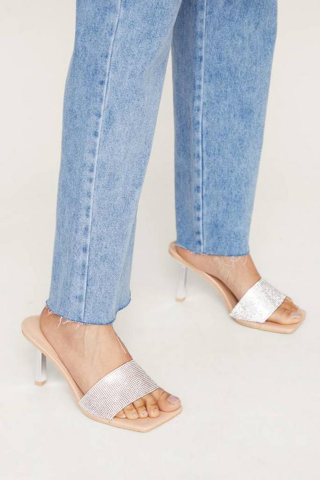 Diamante Embellished Square Toe Heeled Mules