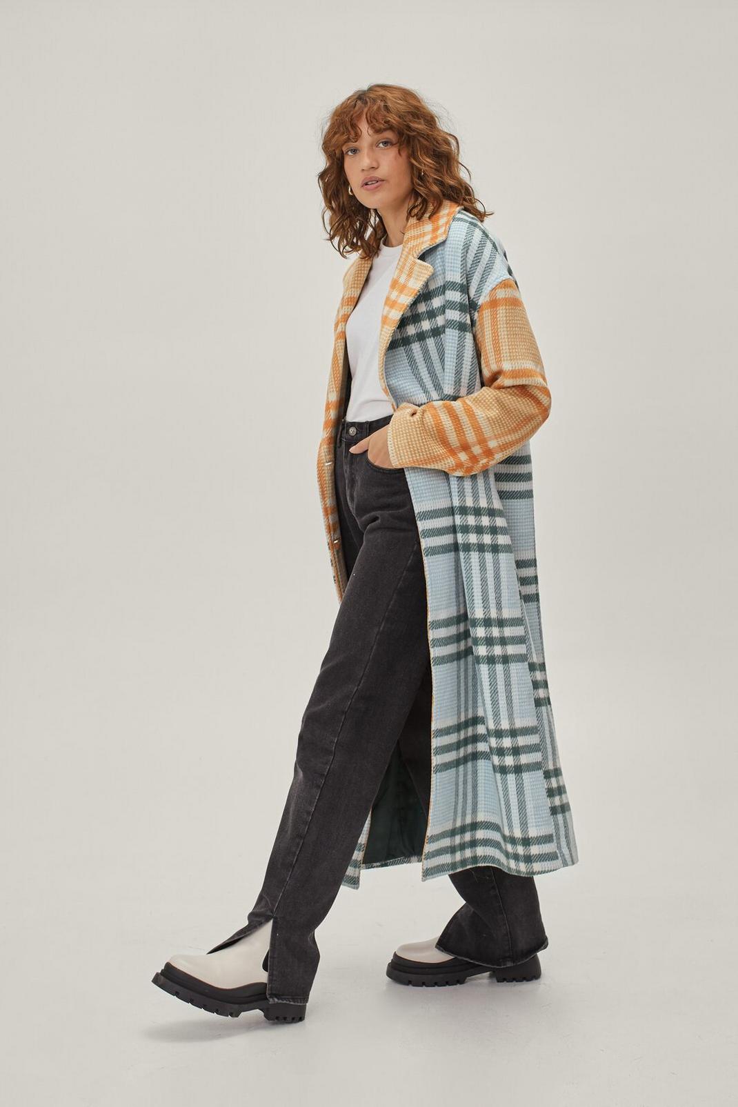 Contrasting Check Wool Look Coat