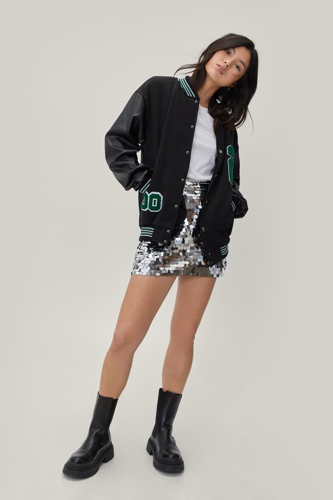 Oversized Faux Leather Sleeve Varsity Jacket