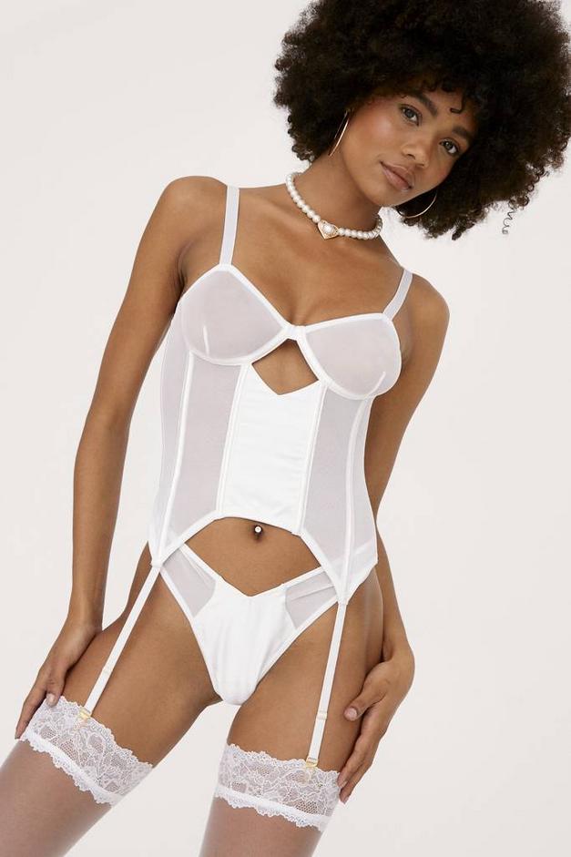 Mesh Longline Corset Bralette And Thong Set