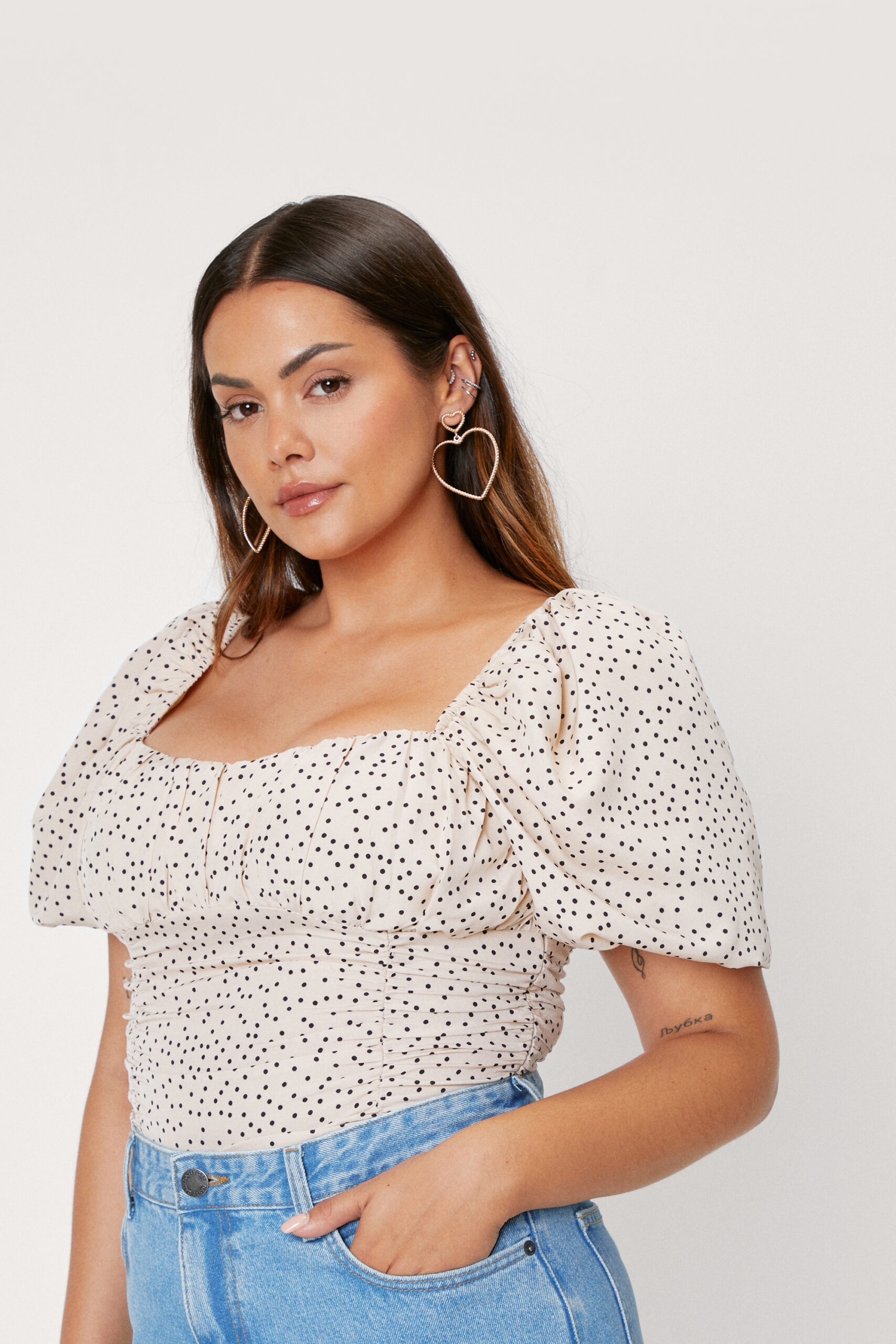 Plus Size Puff Sleeve Polka Dot Blouse