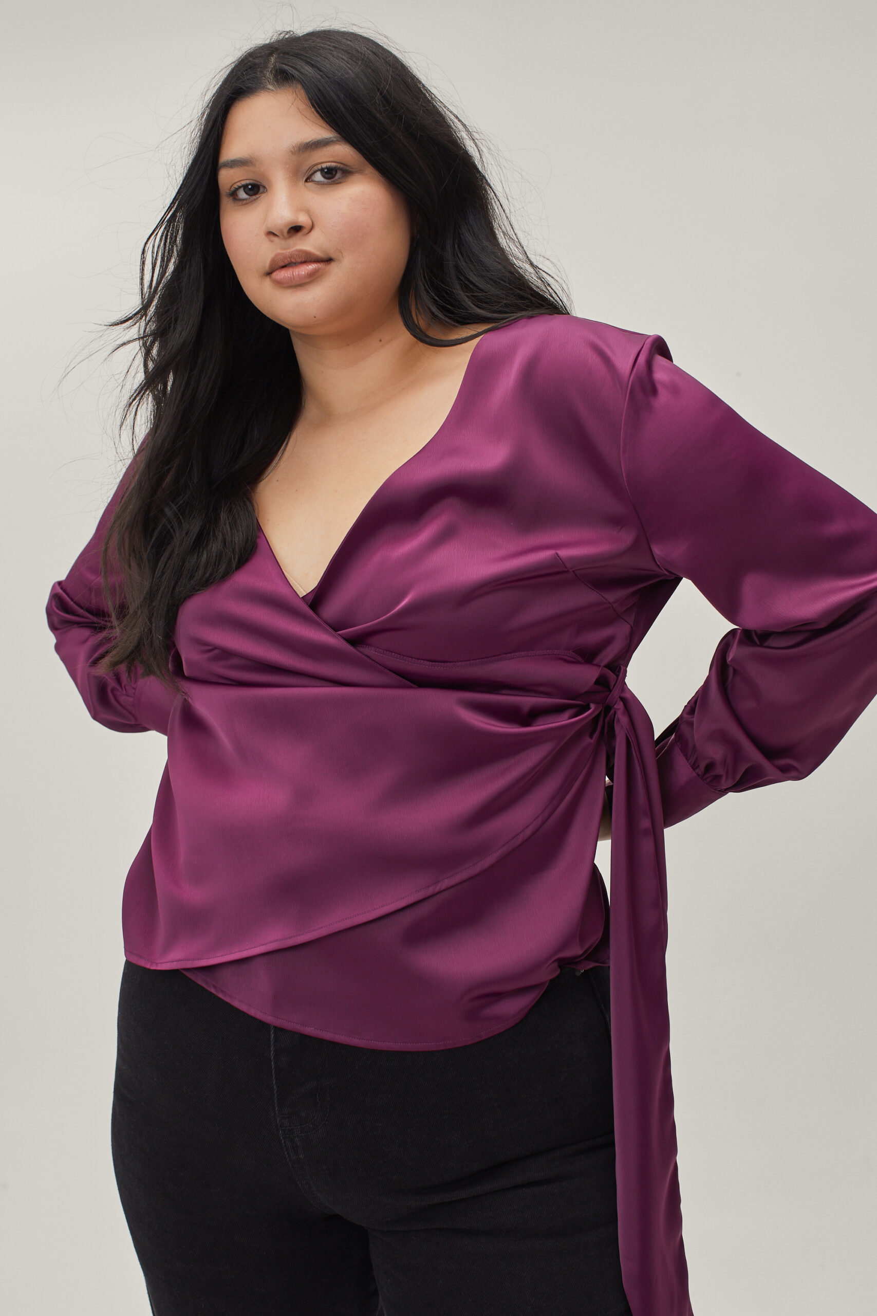 Plus Size Tie Side Draped Satin Blouse