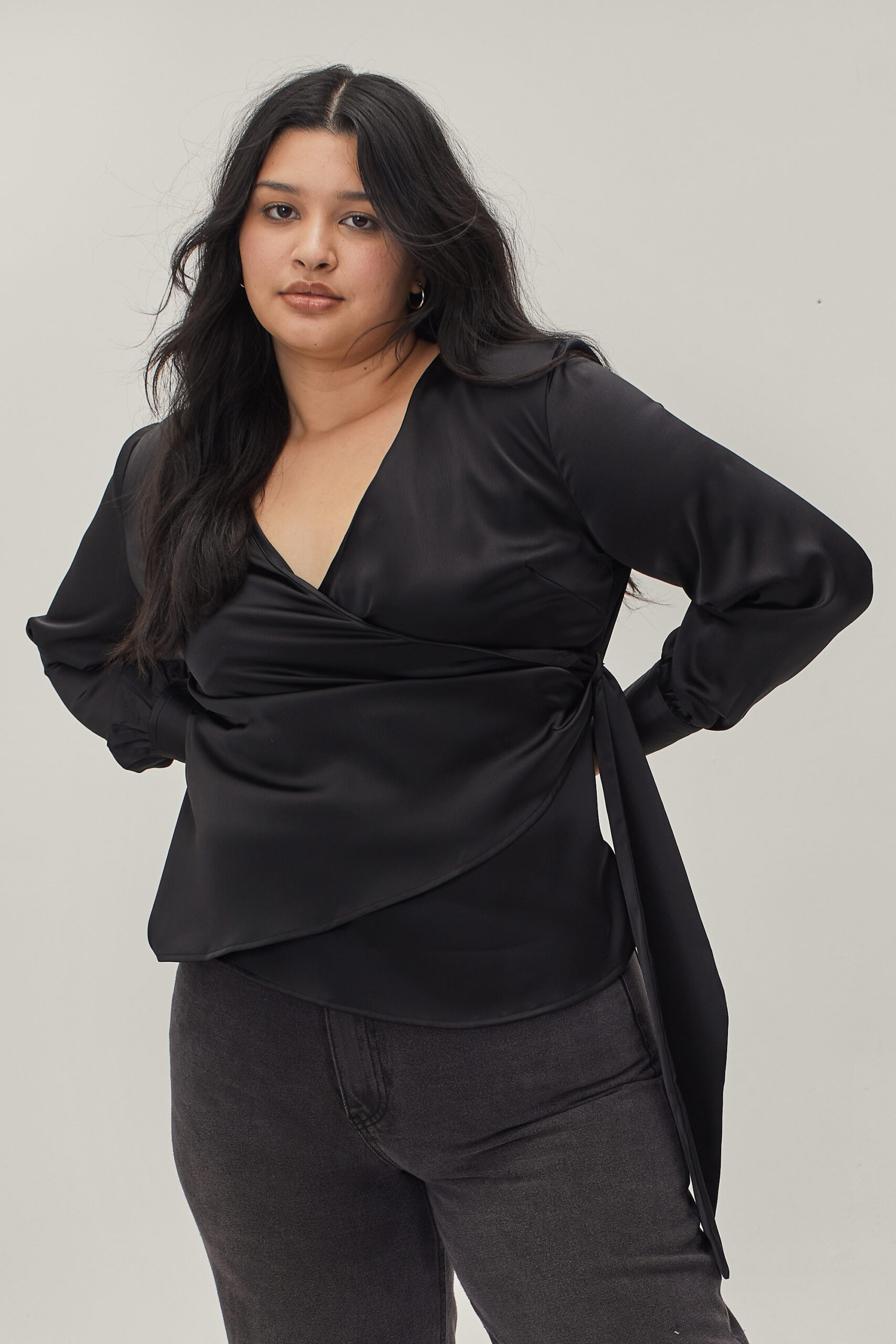 Plus Size Tie Side Draped Satin Blouse