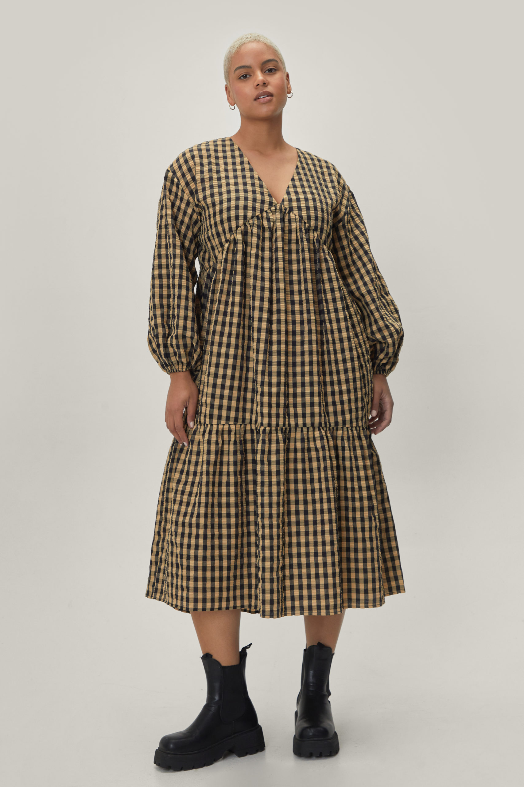 Plus Size Gingham Tiered Midi Smock Dress