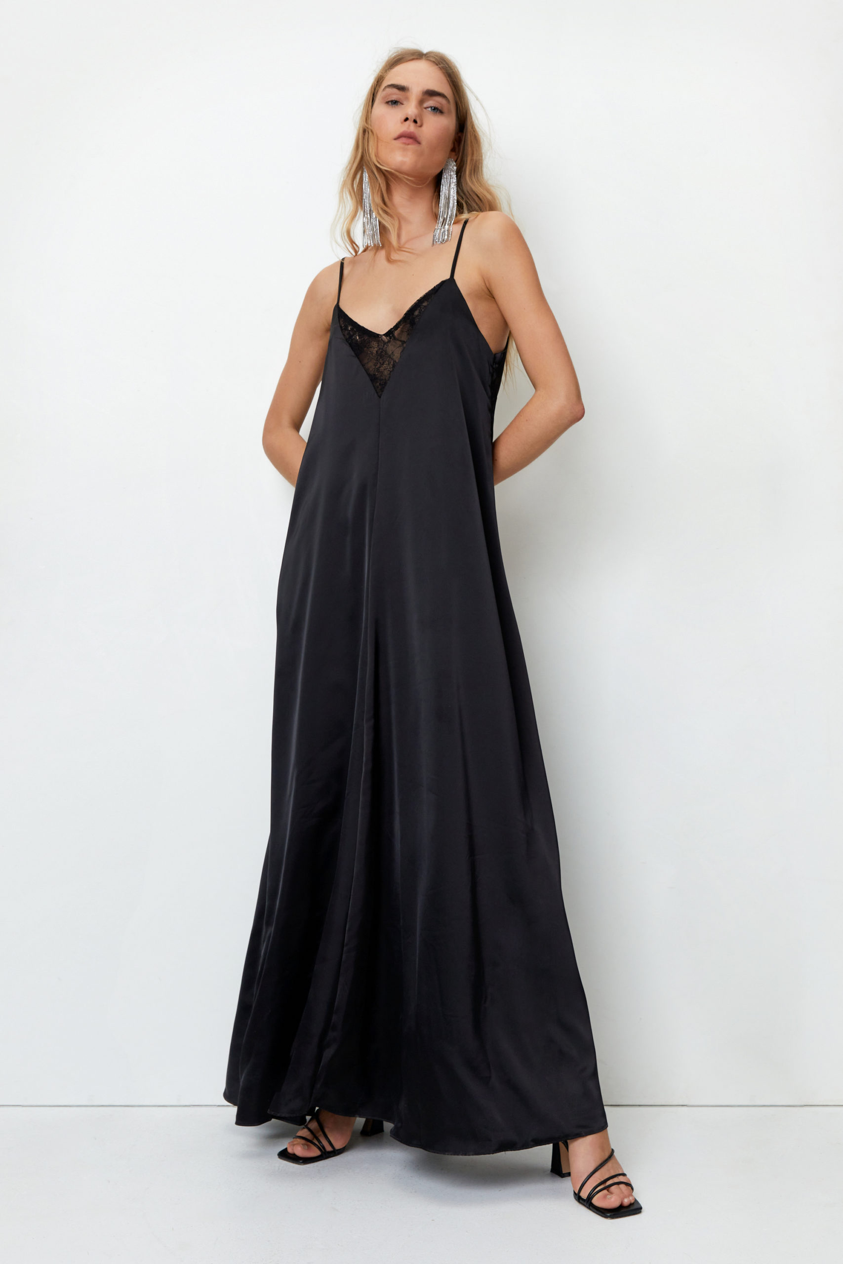 Satin Lace Insert Trapeze Maxi Dress