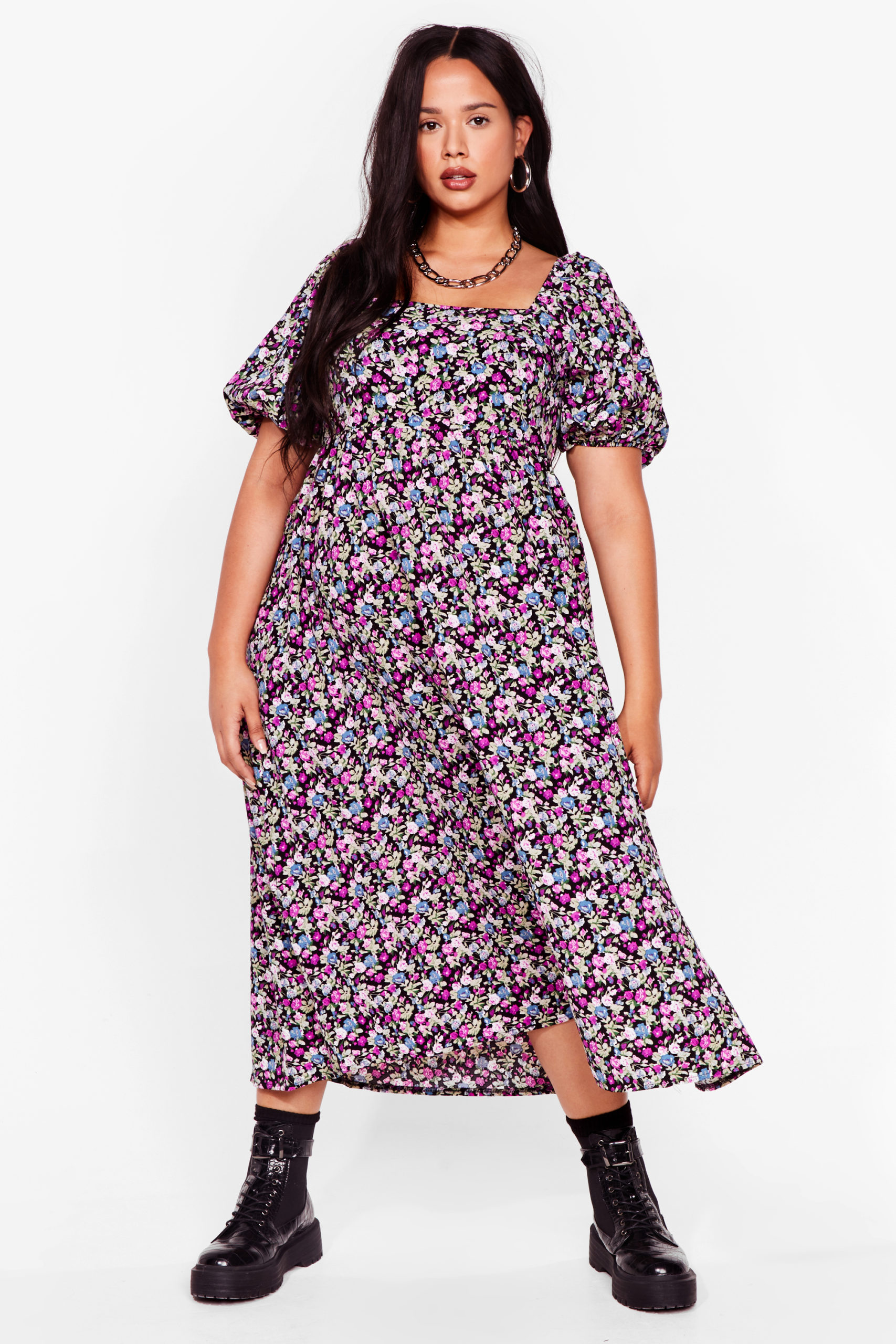 Plus Size Floral Smock Midi Dress