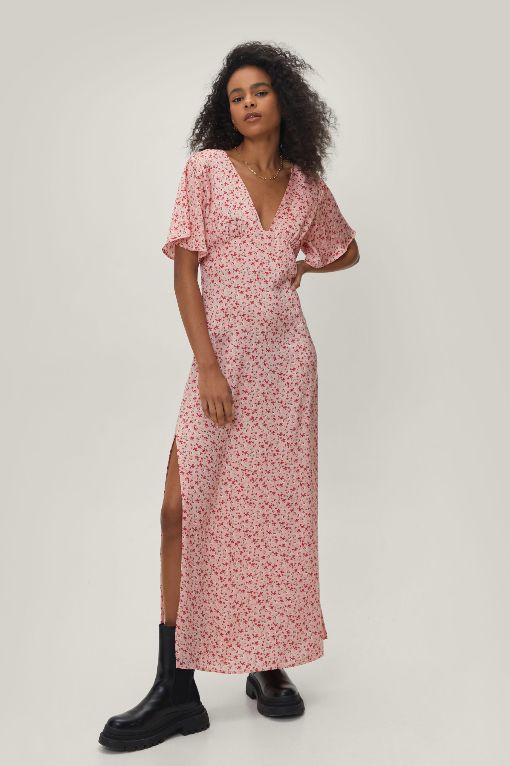 Petite Floral Satin Angel Sleeve Maxi Dress