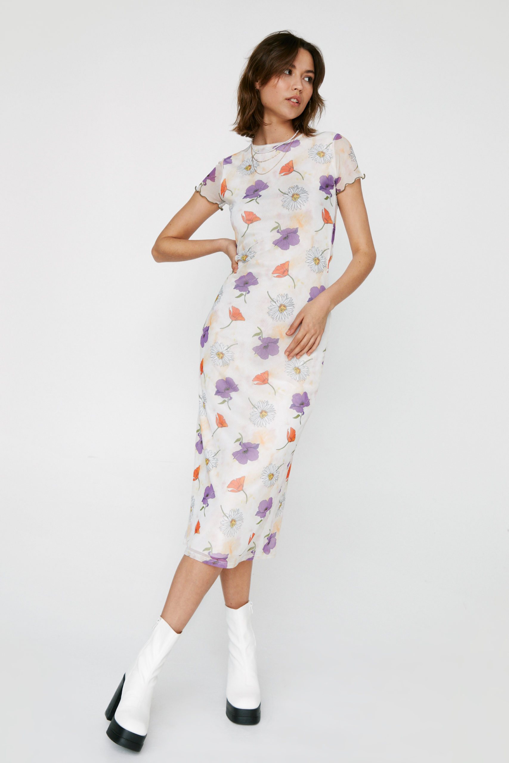 Floral Mesh Crew Neck Midi Dress