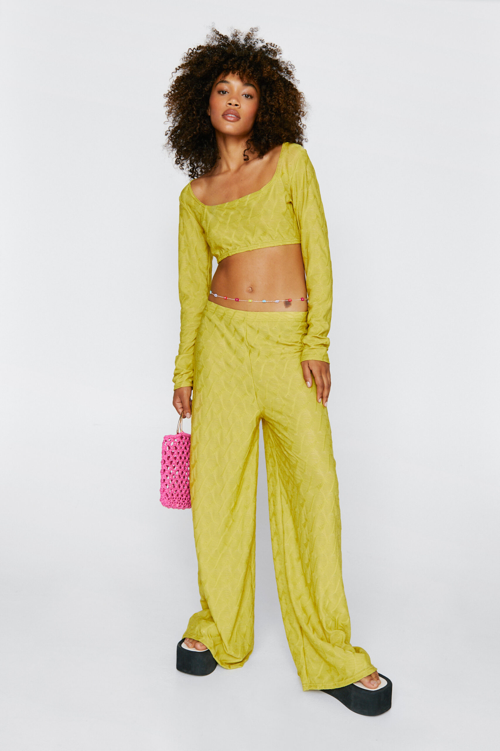 Textured Crop Top And Wide Leg Pants Set