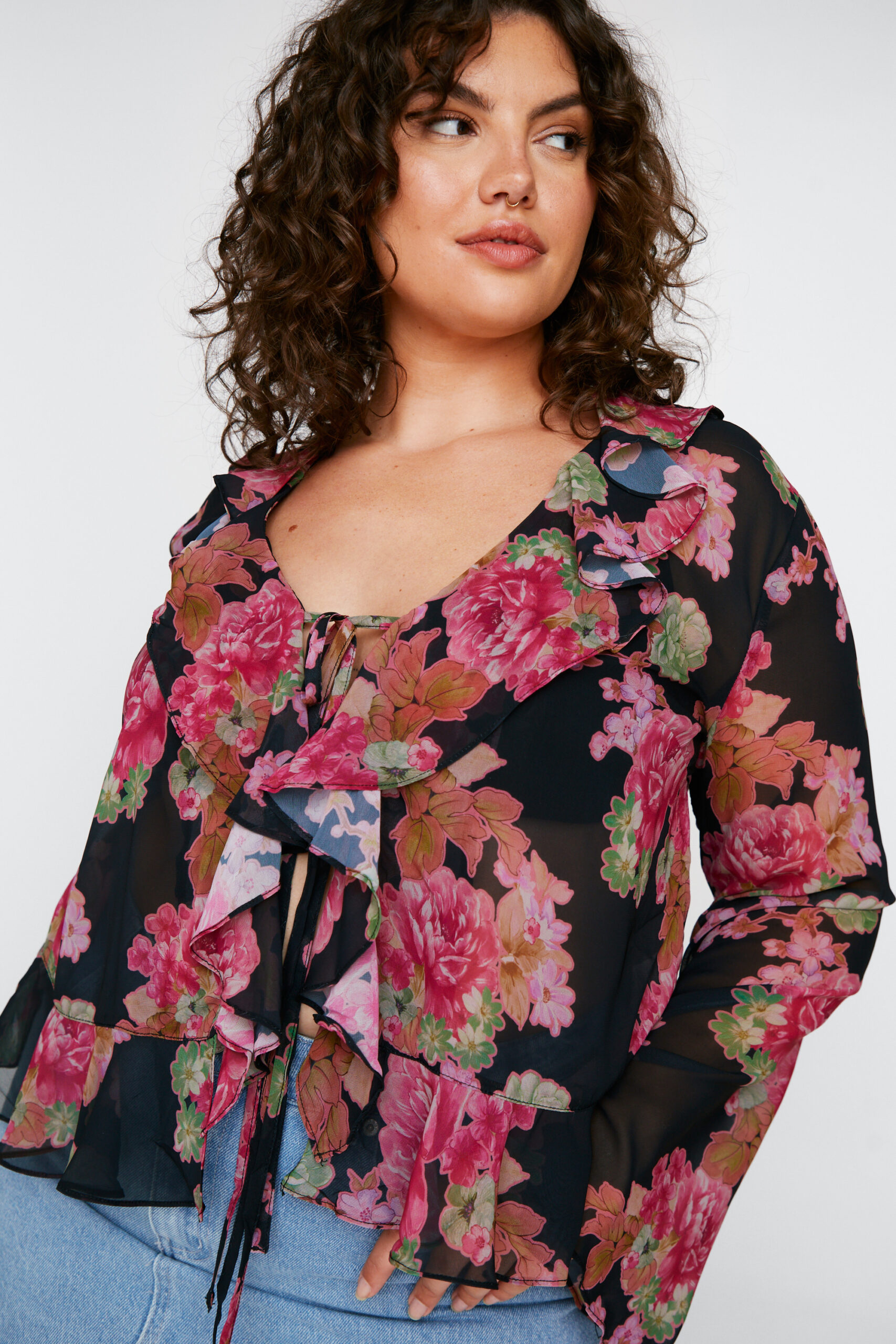 Plus Size Floral Print Chiffon Top