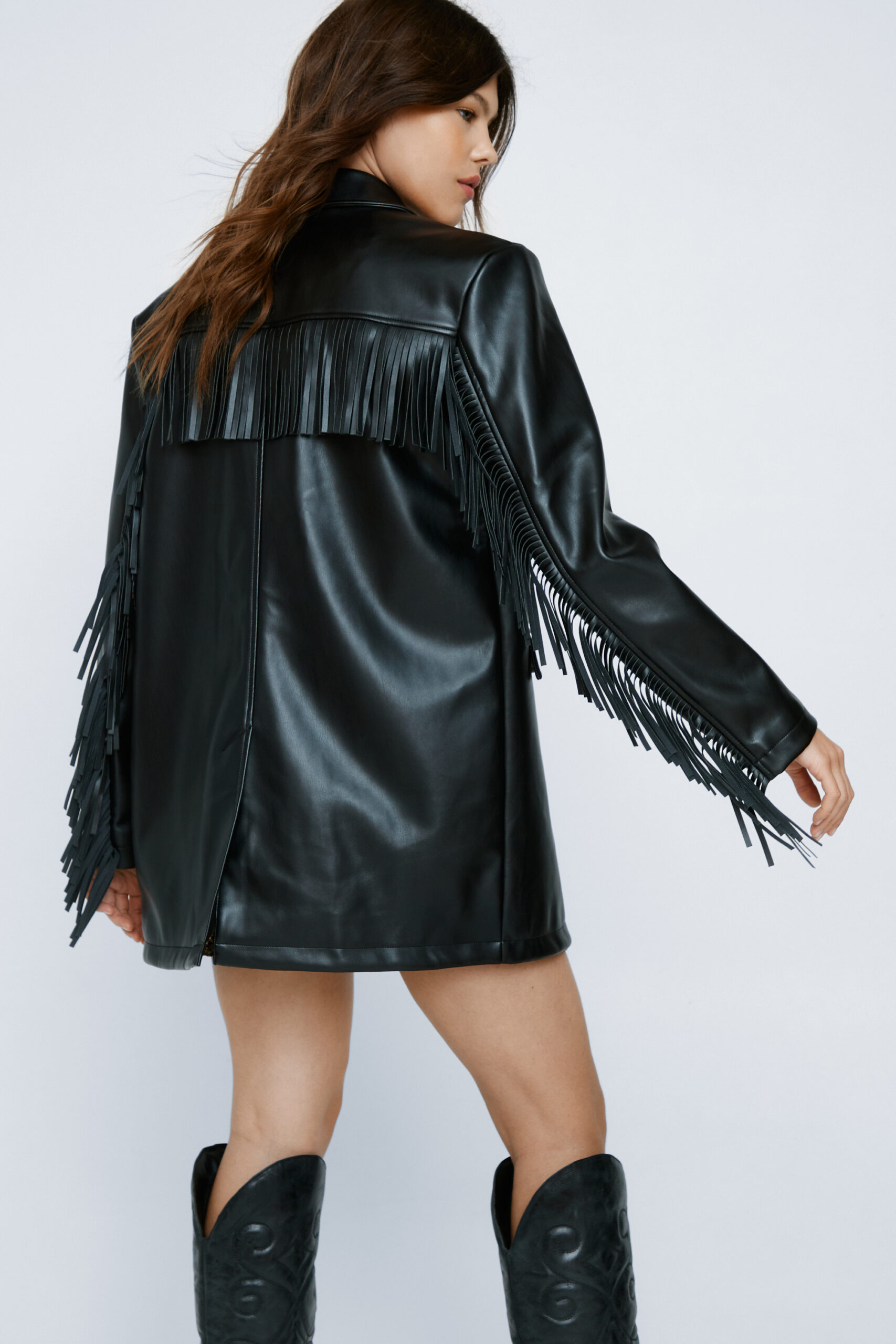 Faux Leather Fringed Longline Blazer