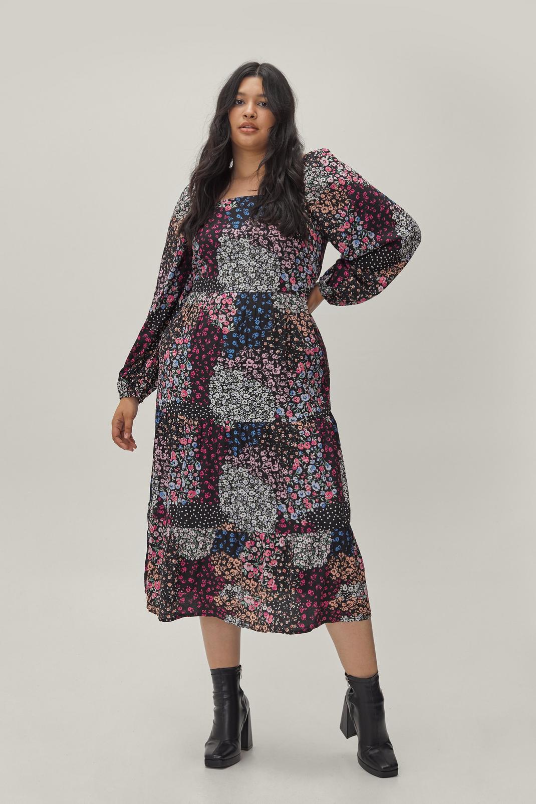 Plus Size Patchwork Print Smock Dress