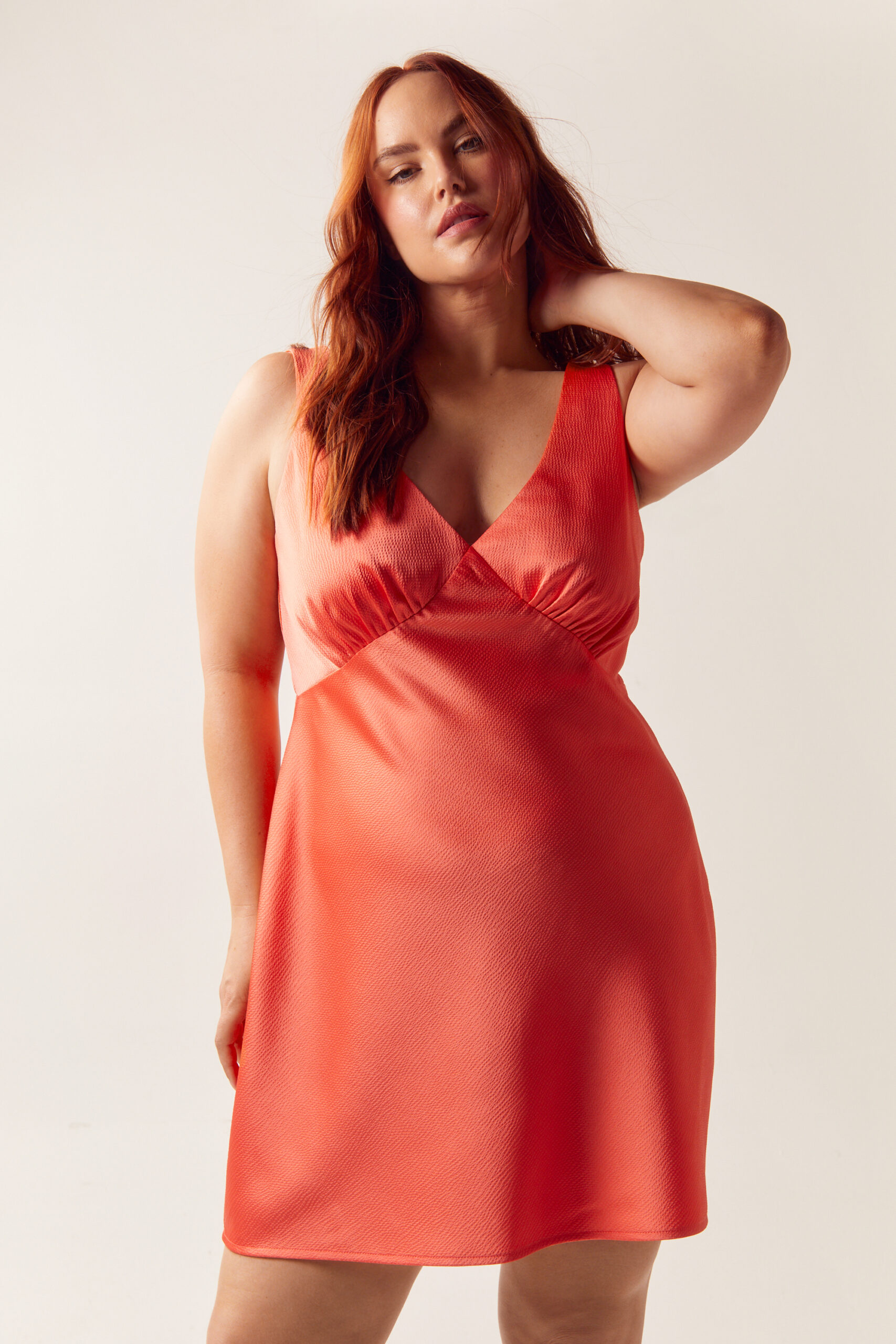 Plus Size Satin V Neck Ruched Bust Mini Dress