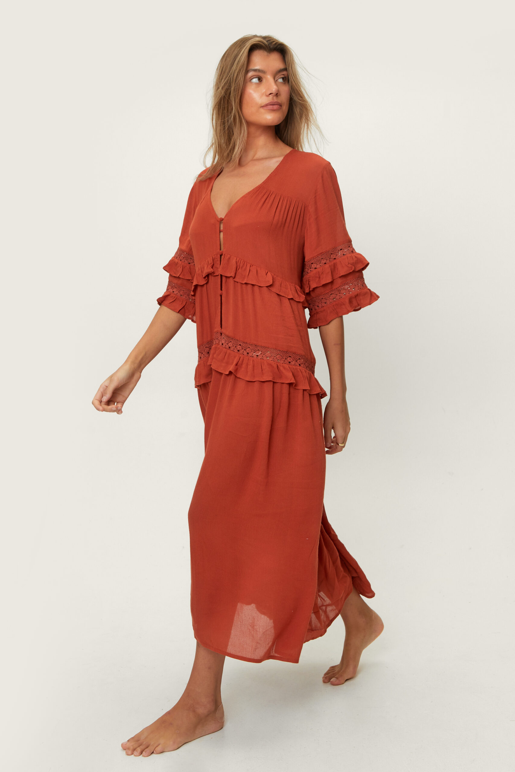 Crinkle Viscose Ruffle Maxi Beach Dress