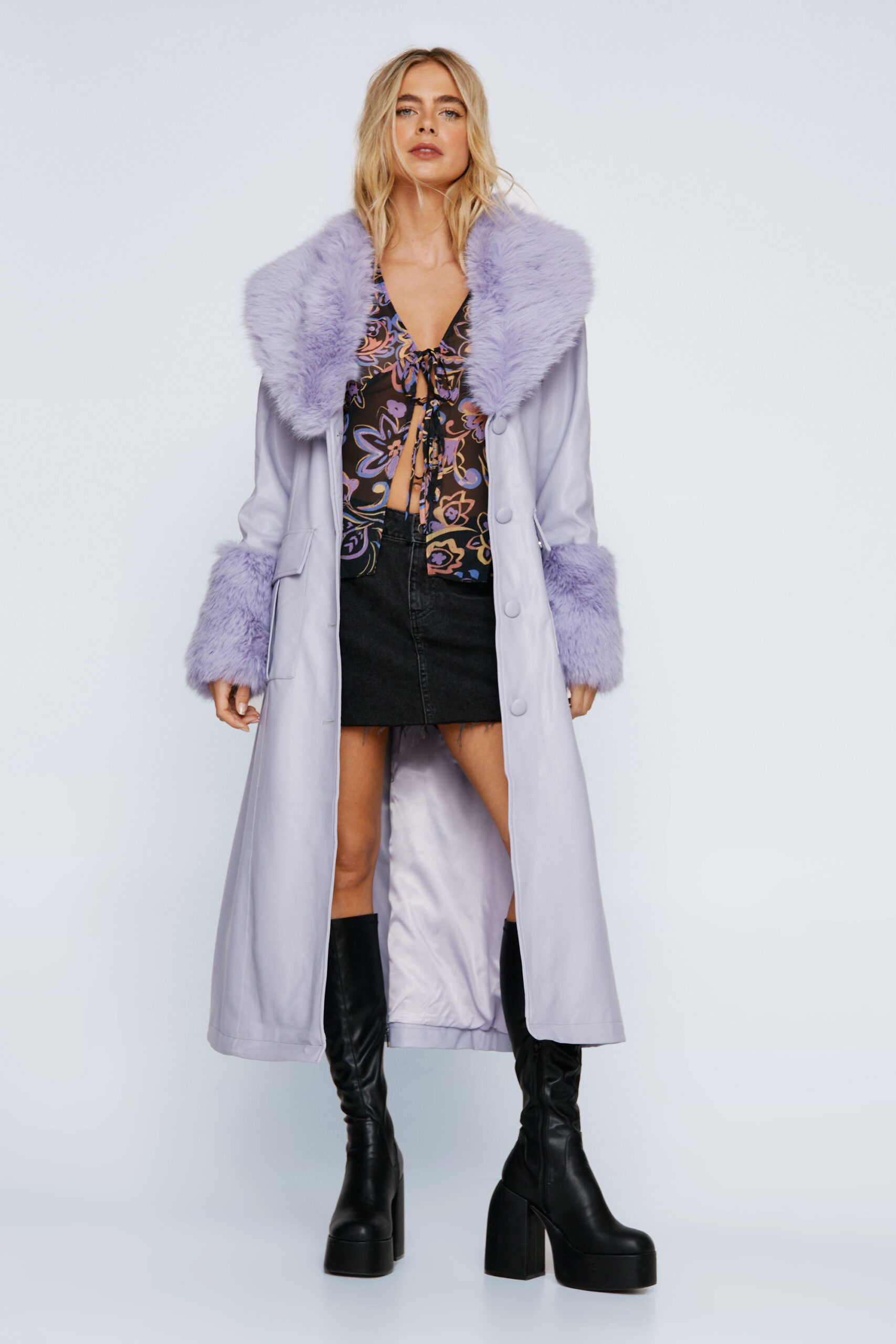 Fur Trim Belted Faux Leather Coat