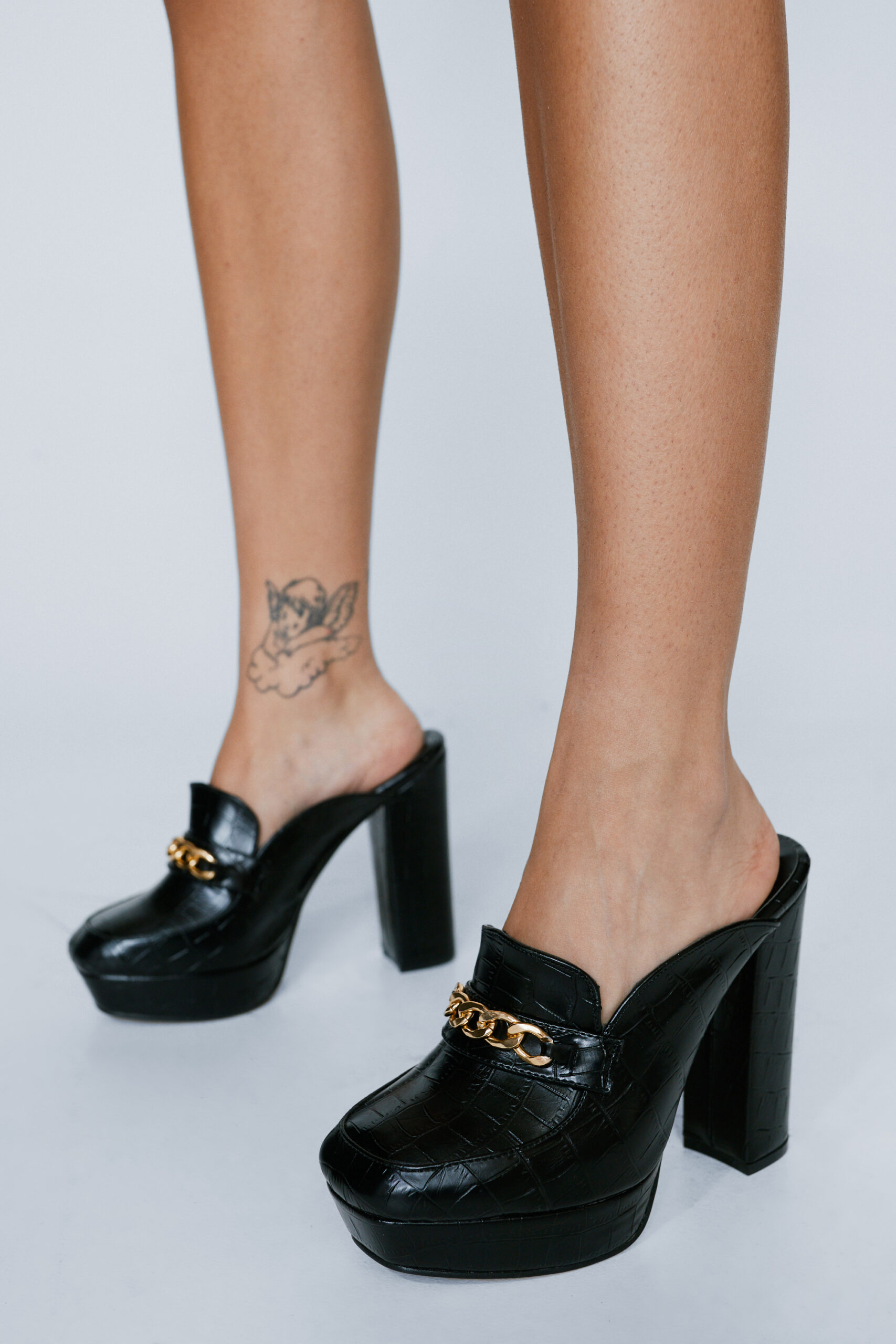 Faux Croc Chain Platform Mules