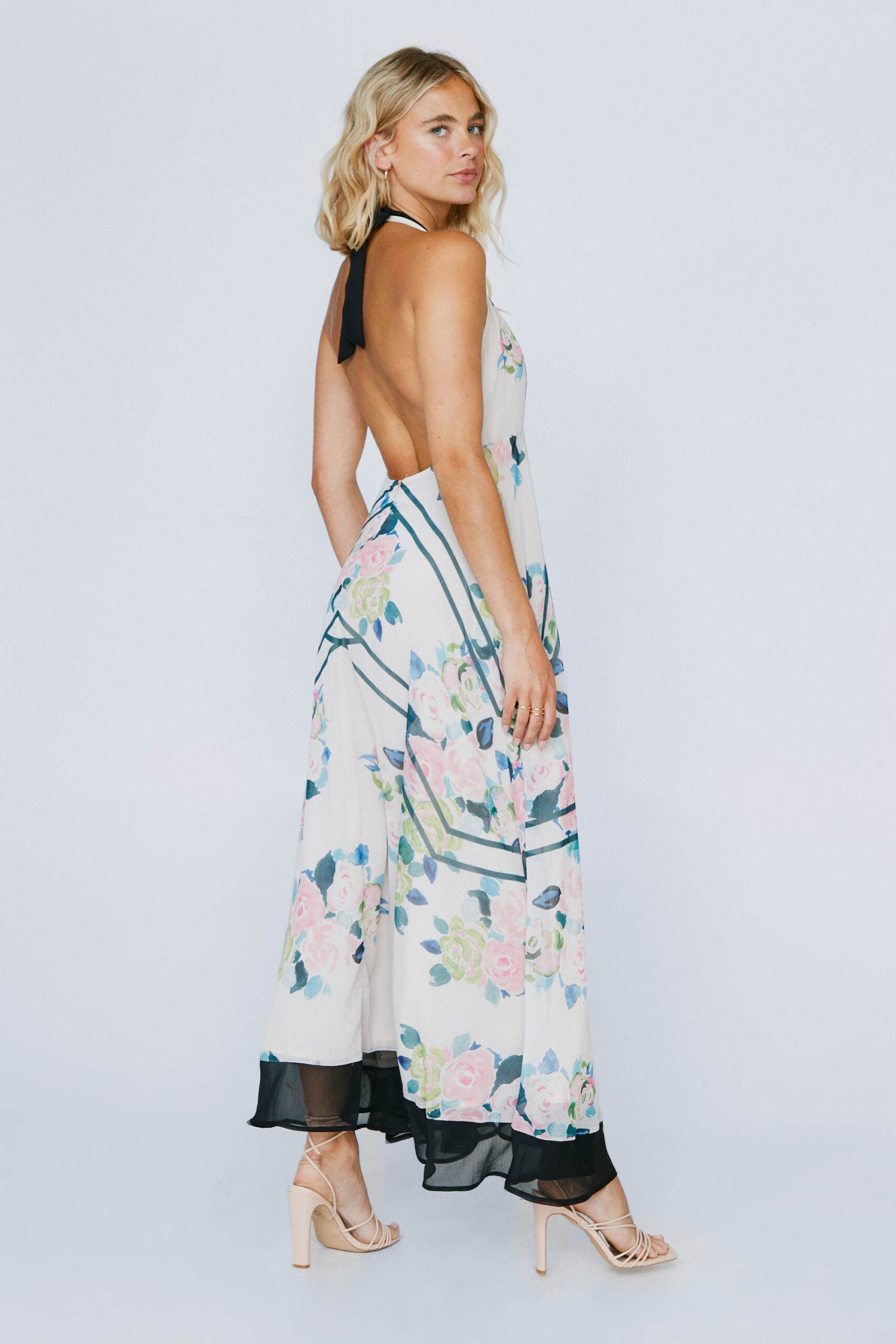 Border Floral Print Halter Neck Maxi Dress