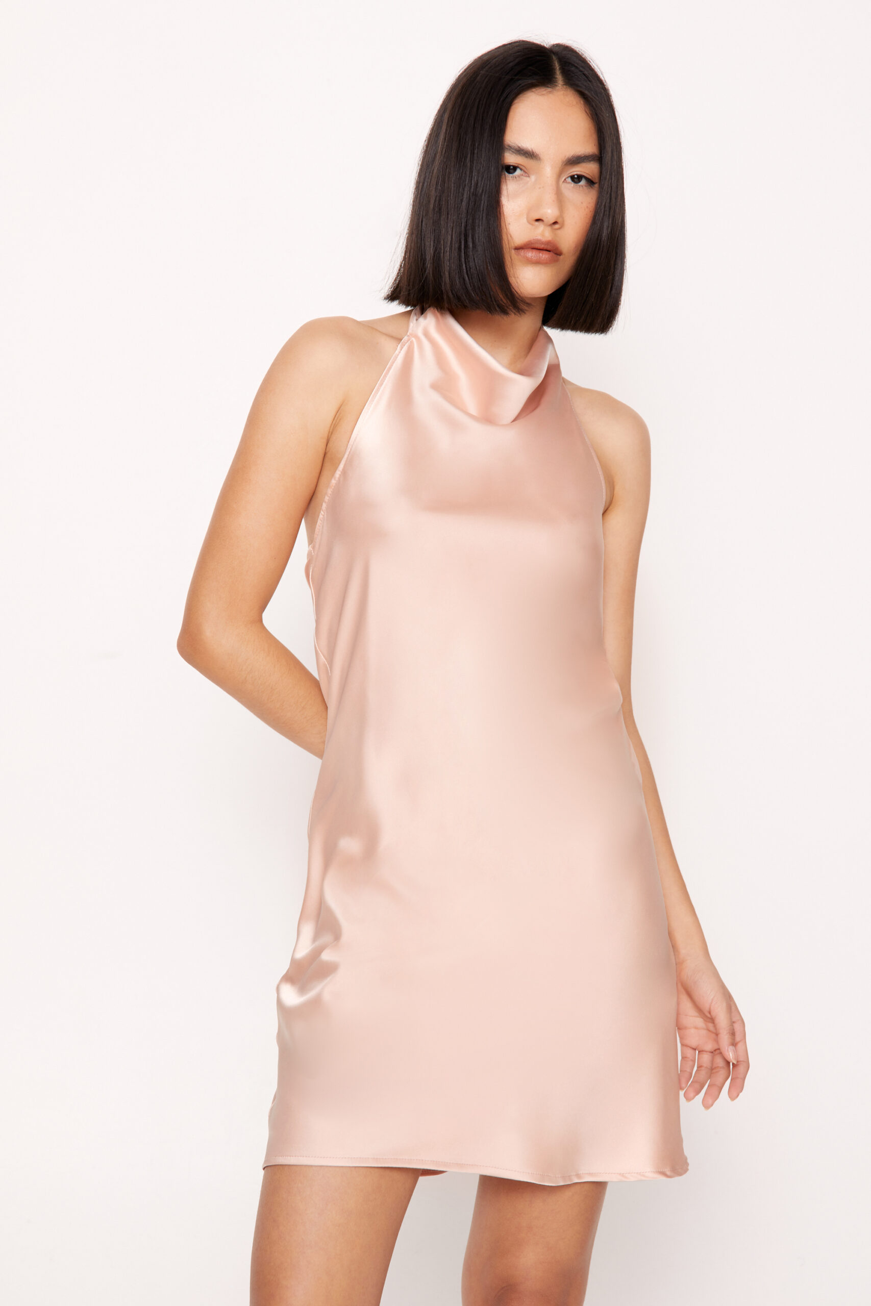 Satin Cowl Halter Neck Mini Dress