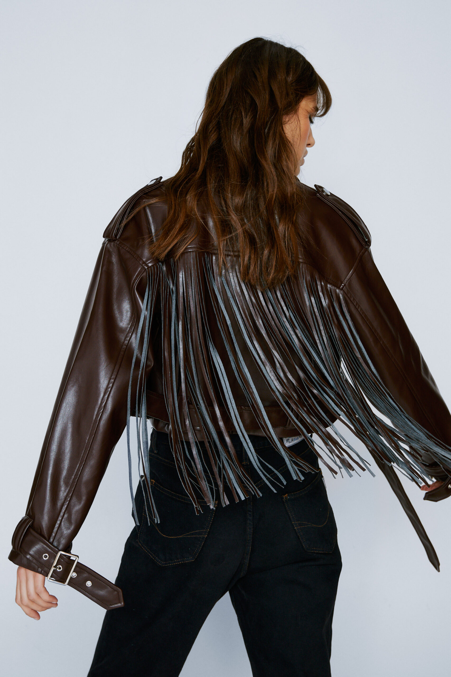 Faux Leather Fringed Back Moto Jacket