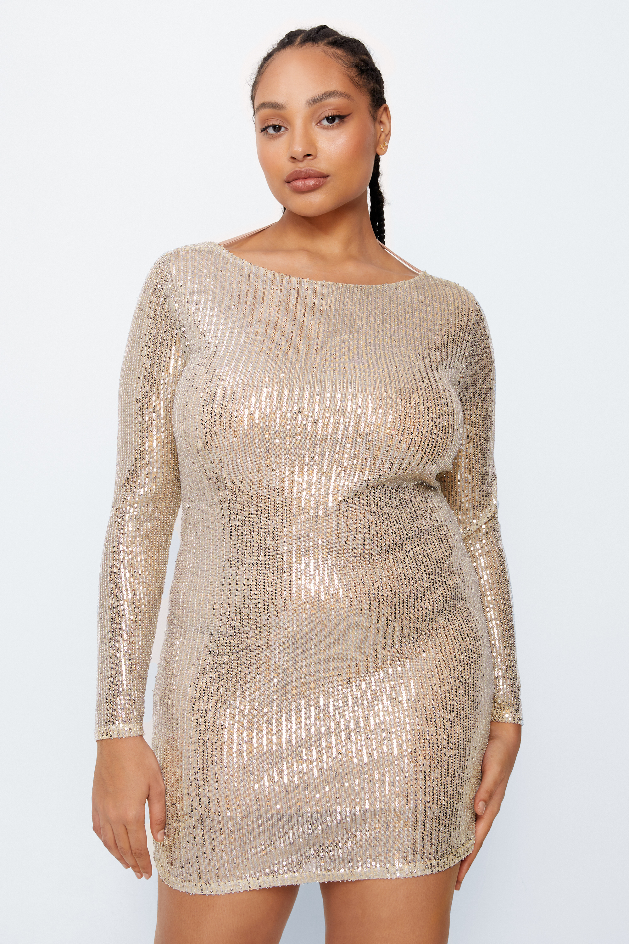 Plus Size Sequin Cowl Neck Open Back Mini Dress