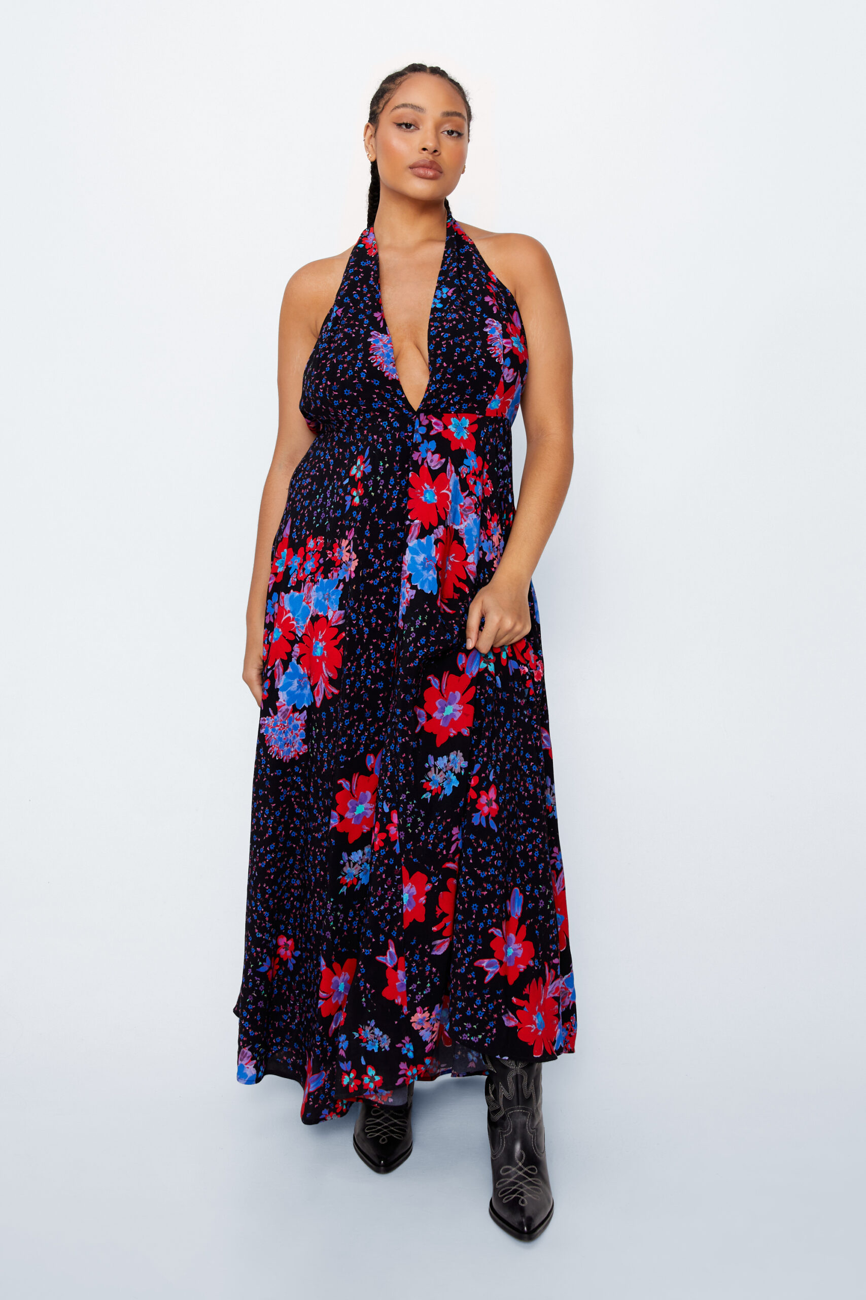 Plus Plunge Halter Floral Maxi Dress