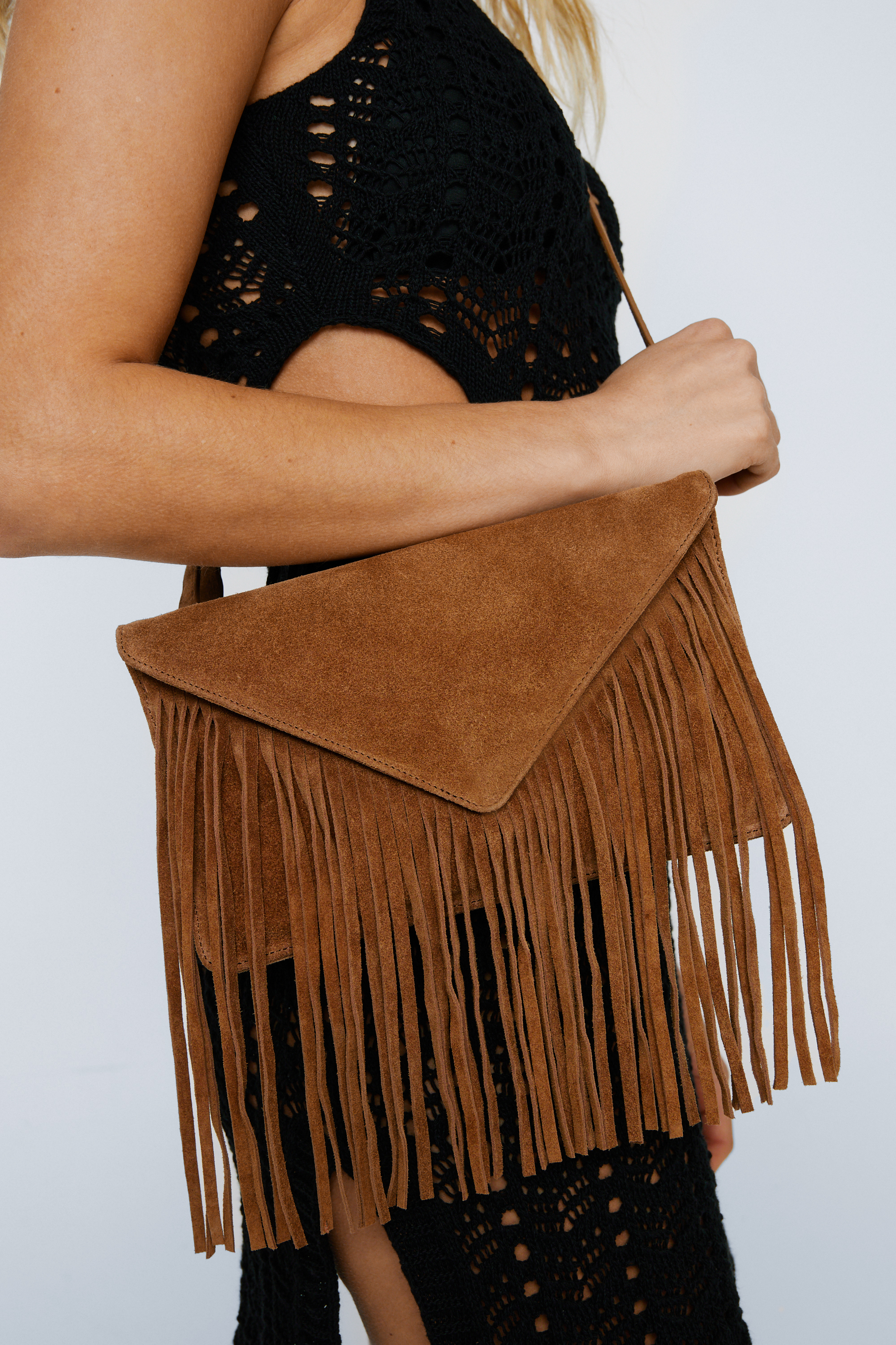 Suede Fringing Envelope Cross Body Bag