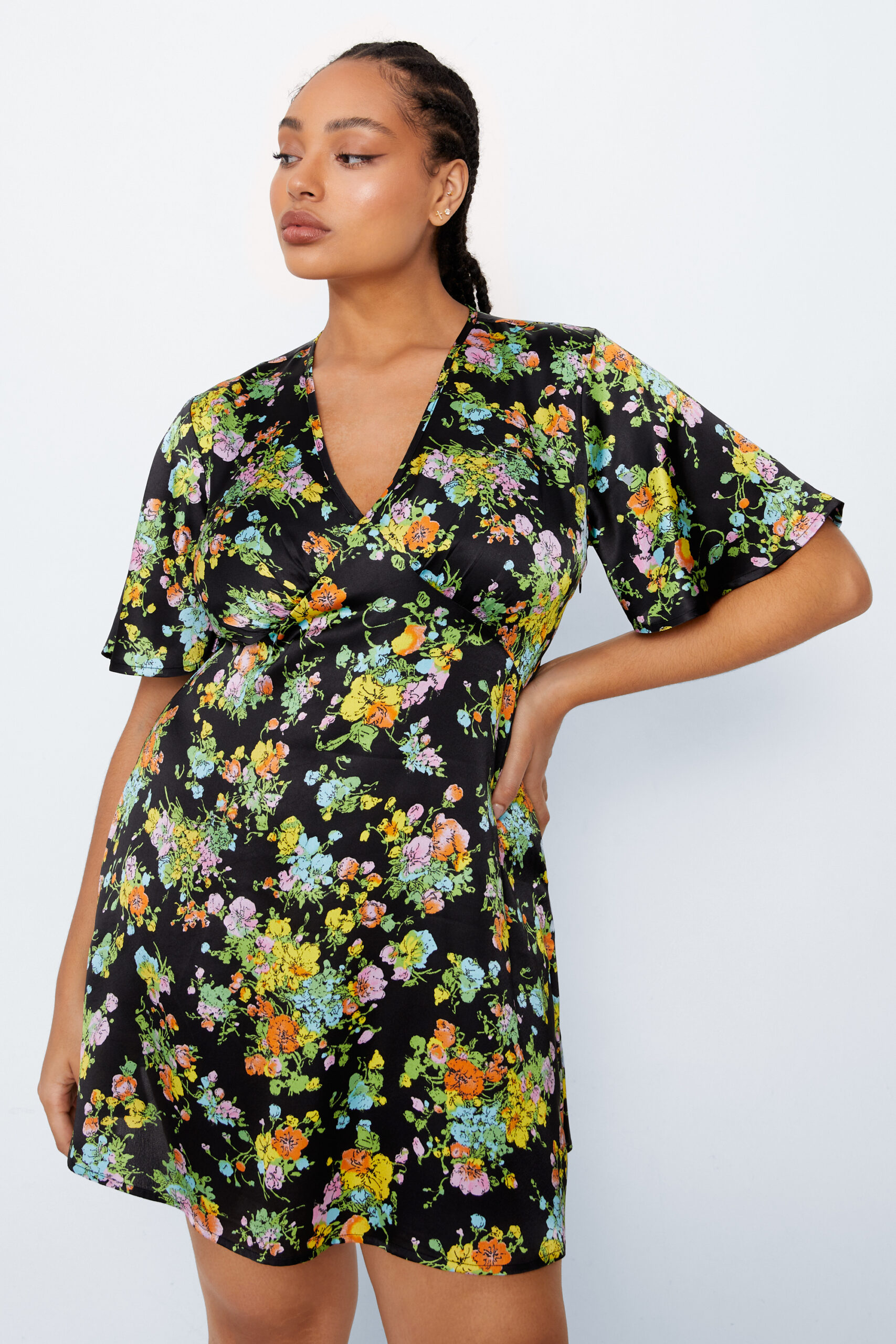 Plus Size Floral V Neck Angel Sleeve Dress