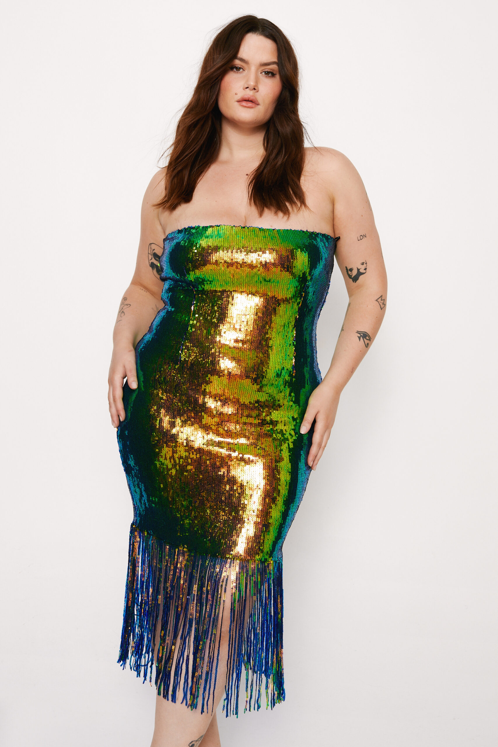 Plus Size Sequin Fringe Bandeau Midi Dress