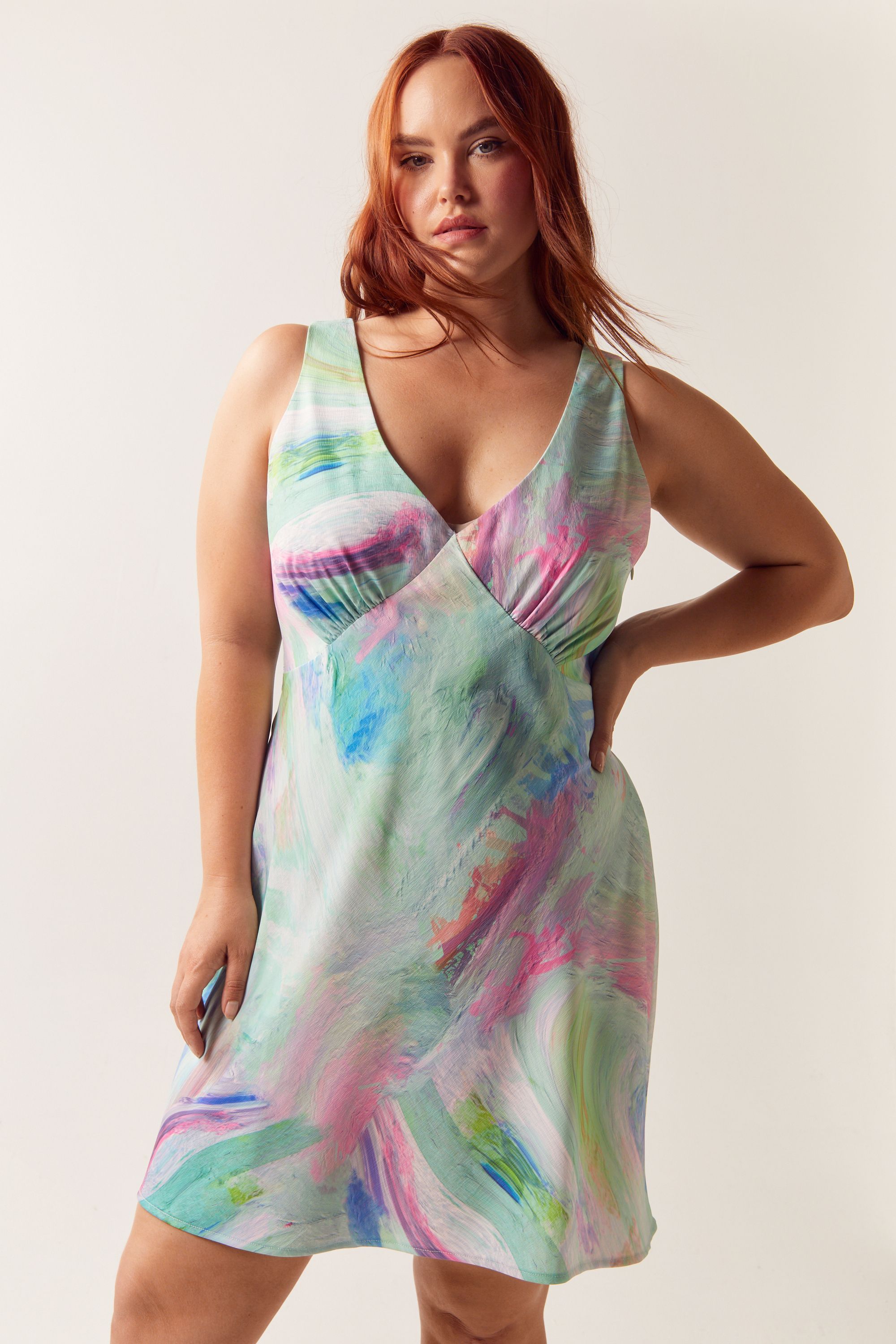 Plus Size Brushed Abstract Satin V Neck Shift Dress