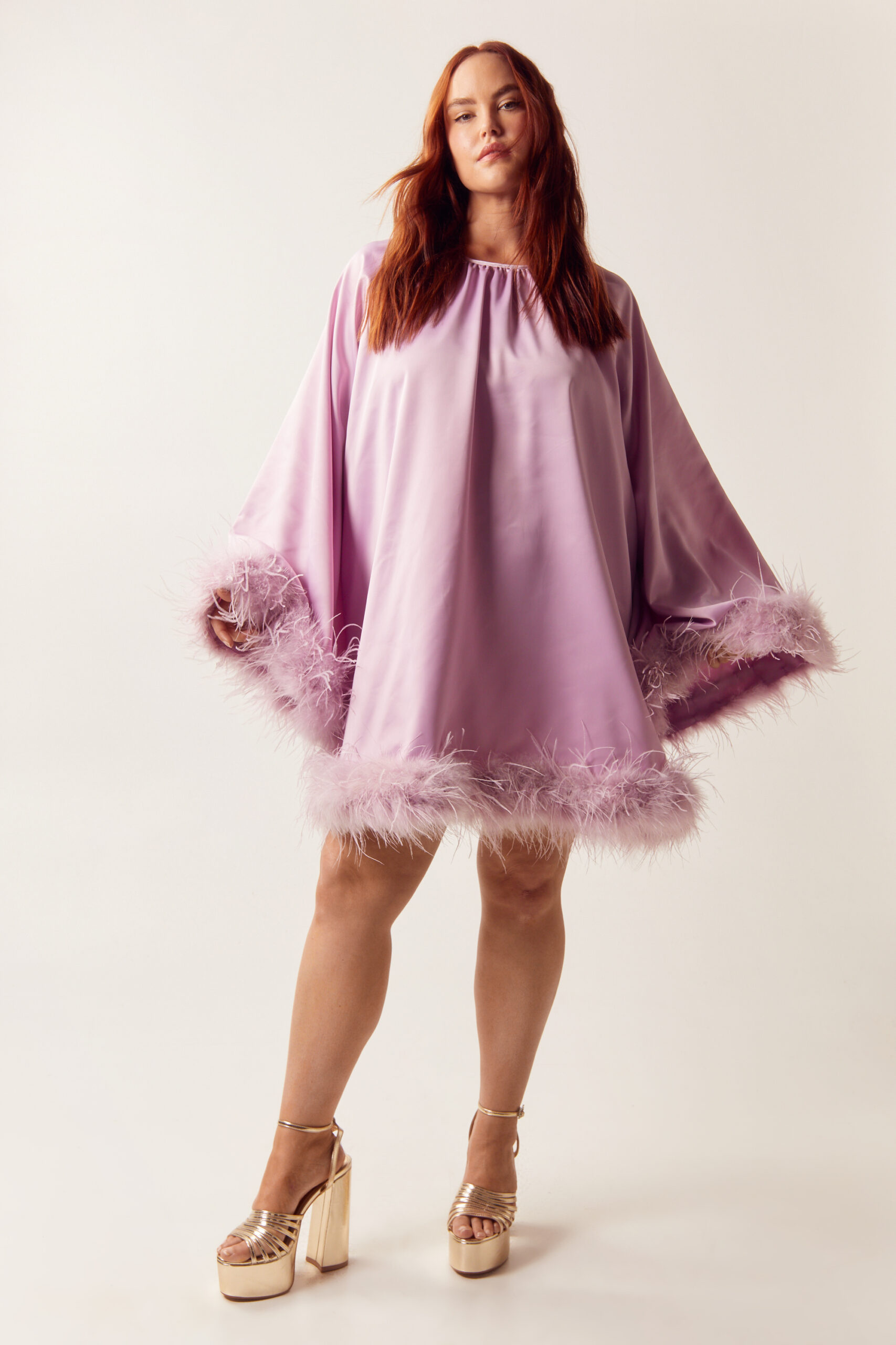 Plus Size Feather Trim Satin Swing Dress