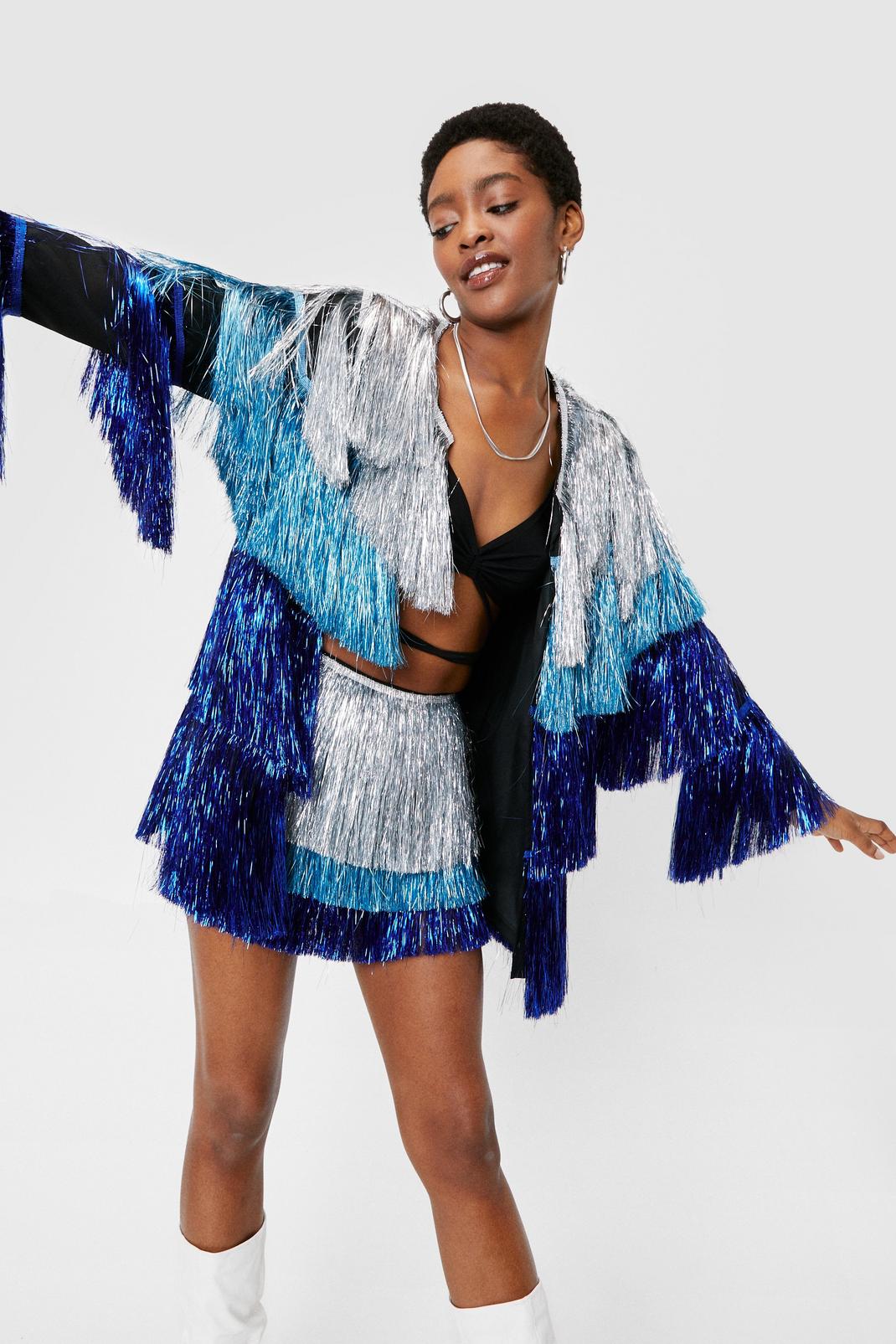 Colorblock Metallic Tiered Fringe Jacket